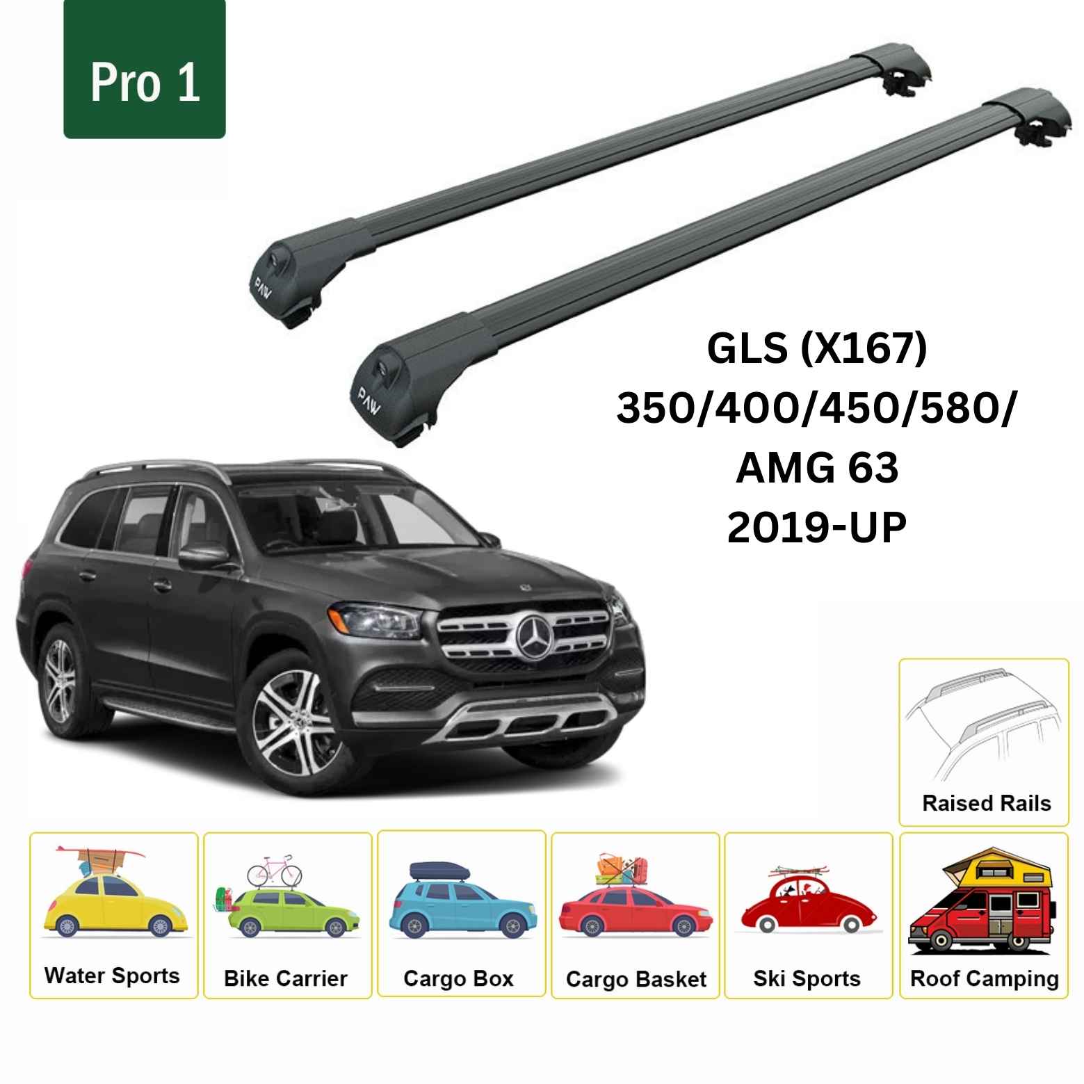 For Mercedes Benz GLS (X167) 2019-Up Roof Rack Cross Bars Raised Rail Alu Black