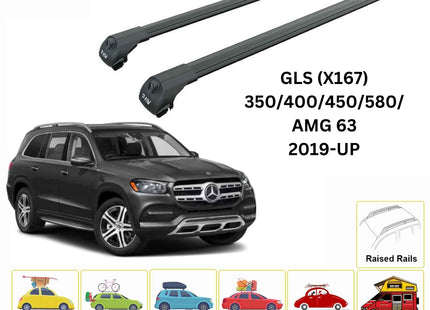 For Mercedes Benz GLS X167 Roof Rack Cross Bars Raised Rail Alu Black 2019-Up