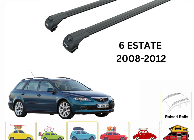 For Mazda 6 Estate 2008-2012 Roof Rack Cross Bars Raised Rail Alu Black