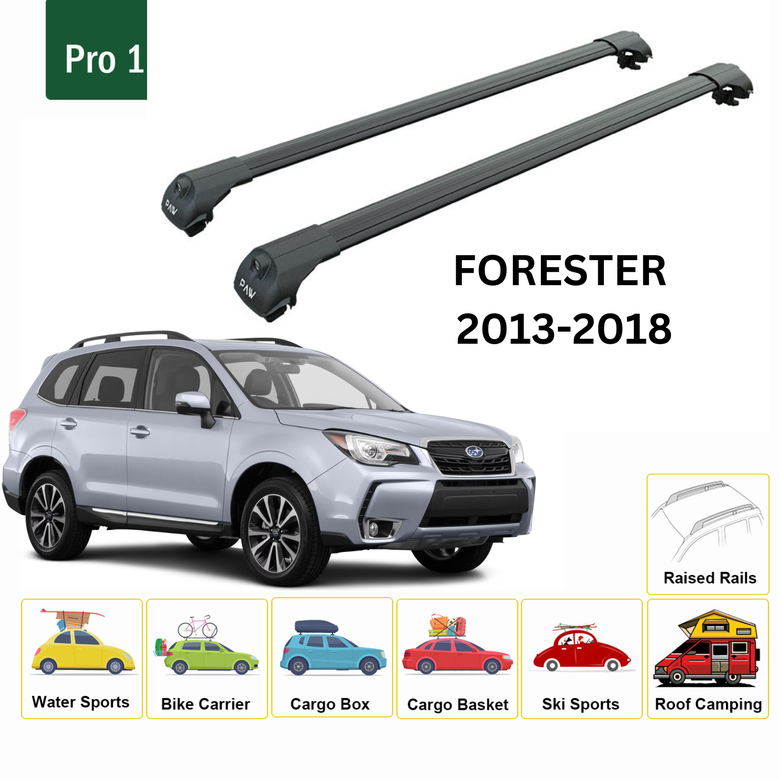 For Subaru Forester 2013-18 Roof Rack Cross Bars Metal Bracket Raised Rail Alu Black