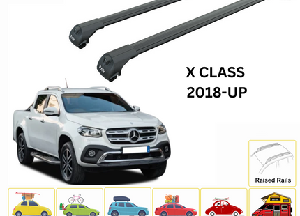 For Mercedes Benz X Double Cab. 2018-Up Roof Rack Cross Bars Metal Bracket Raised Rail Alu Black