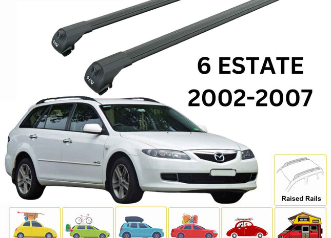 For Mazda 6 Estate 2002-2007 Roof Rack Cross Bars Raised Rail Alu Black