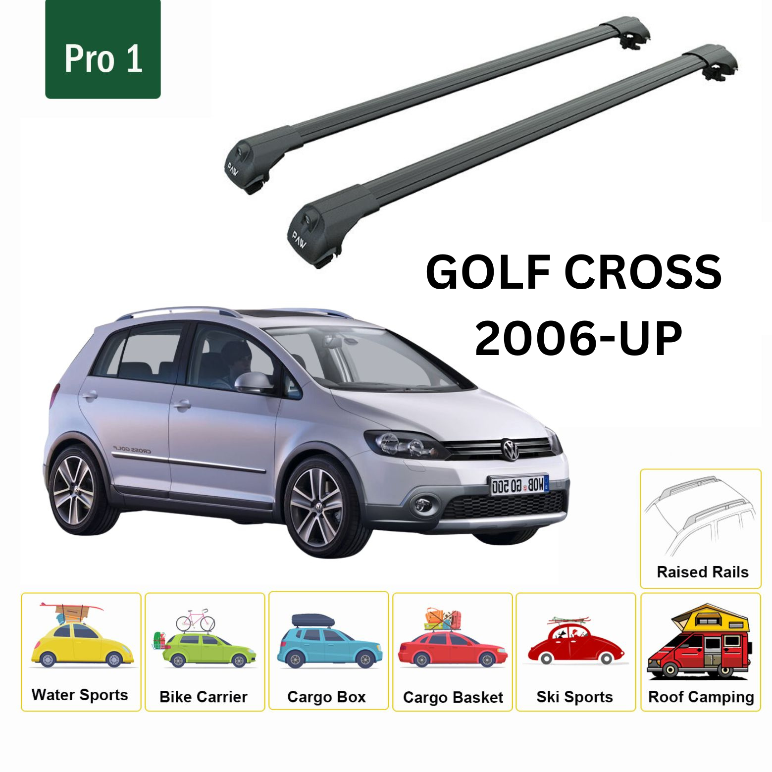 For Volkswagen Golf Cross 2006-2014 Roof Rack Cross Bar Raised Rail Alu Black