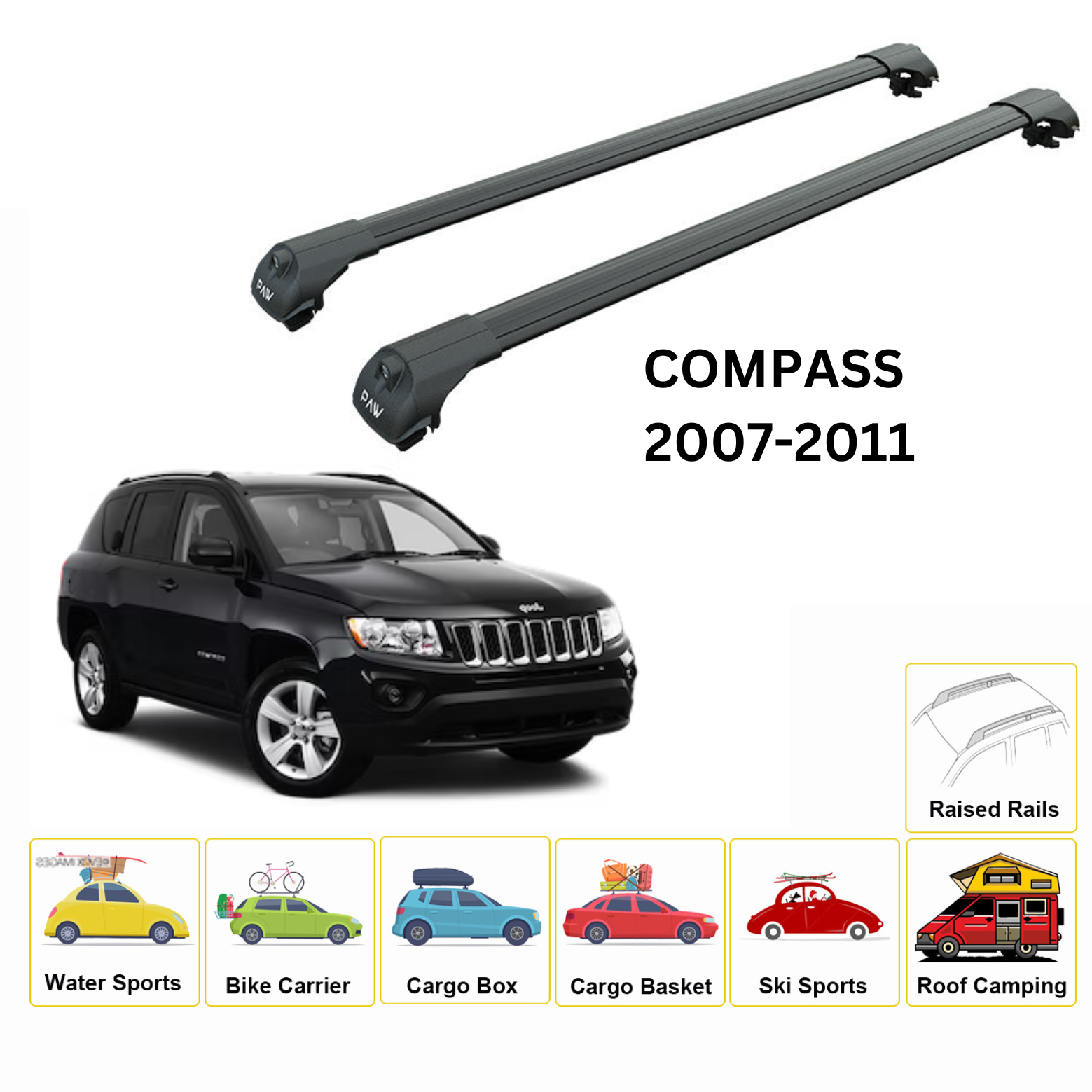 For Jeep Compass 2007-11 Roof Rack Cross Bars Flush Rail Alu Black