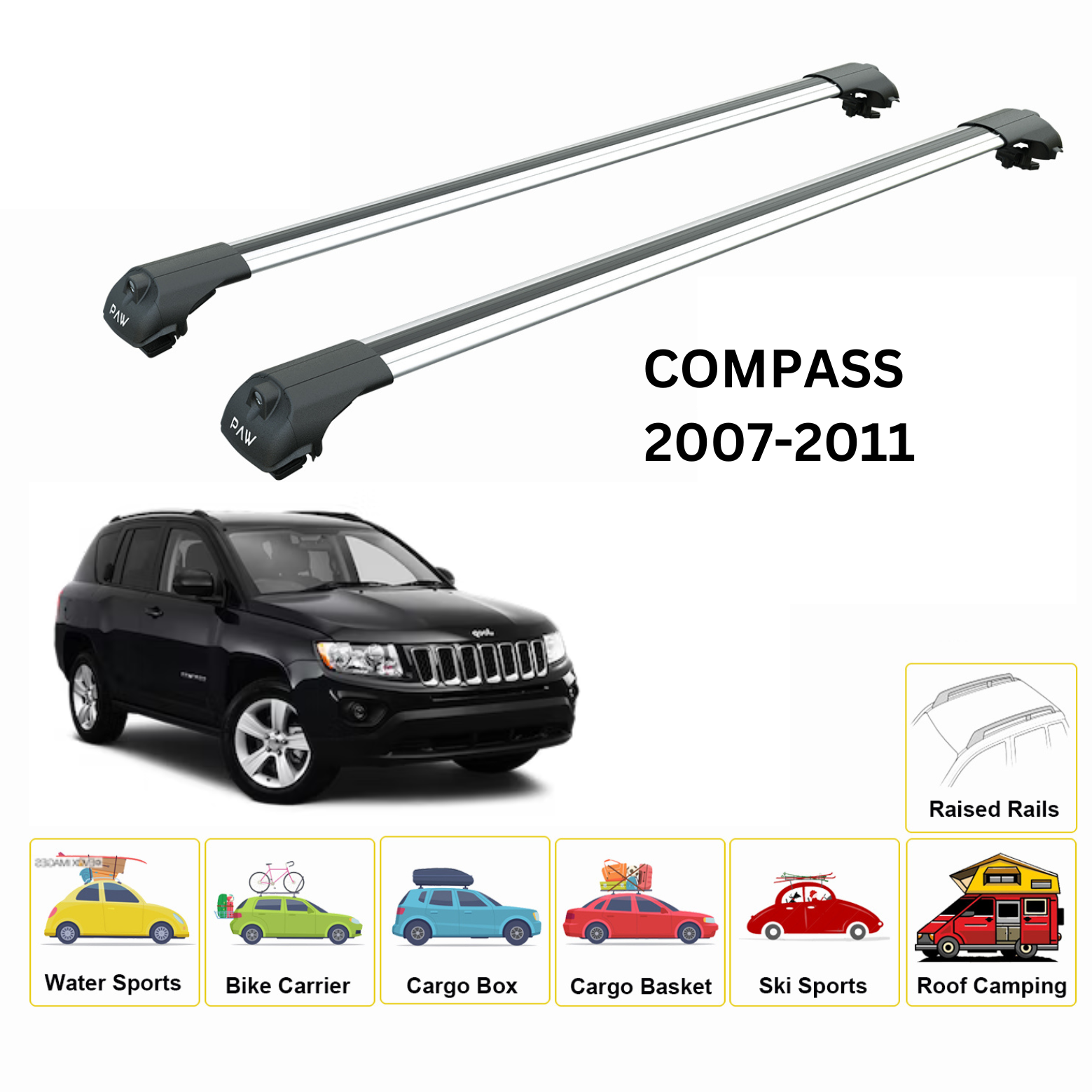 For Jeep Compass 2007-11 Roof Rack Cross Bars Flush Rail Alu Silver