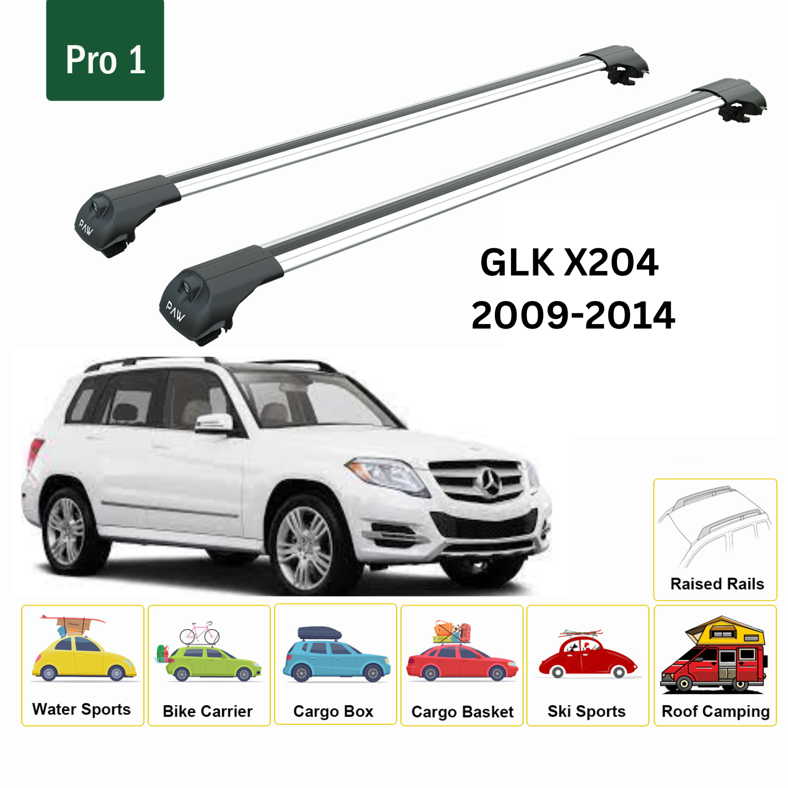 For Mercedes Benz GLK X204 2009-15 Roof Rack Cross Bars Metal Bracket Raised Rail Alu Silver