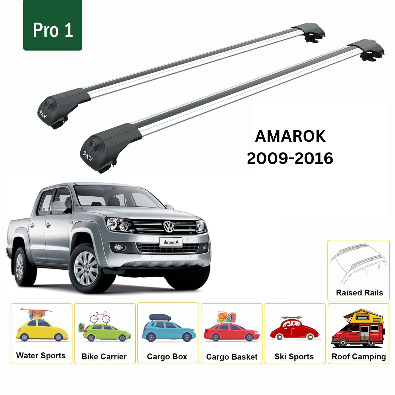 For Volkswagen Amarok 2010-2021 Roof Side Rails and Roof Rack Cross Bar Alu Silver