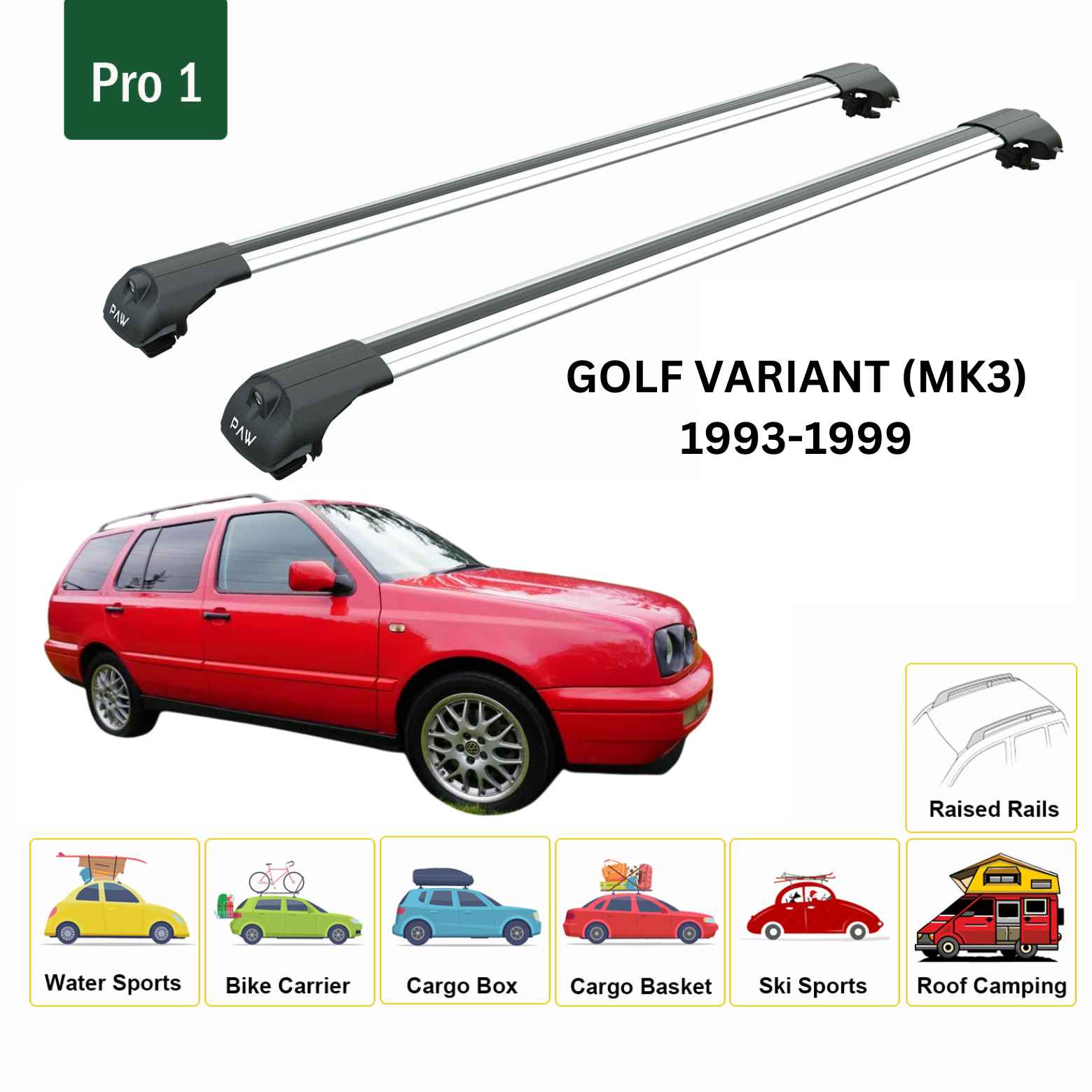 For Volkswagen Golf Variant (MK3) 1993-1999 Roof Rack Cross Bar Raised Rail Alu Silver