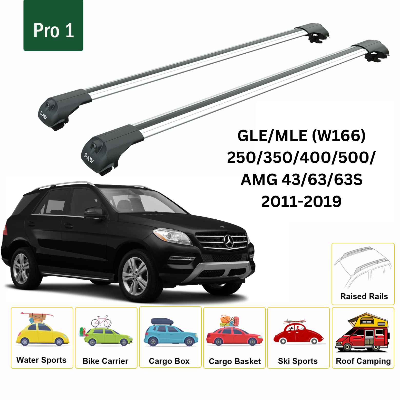 For Mercedes GLE/MLE (W166) 2011-19 Roof Rack Cross Bars Raised Rail Alu Silver