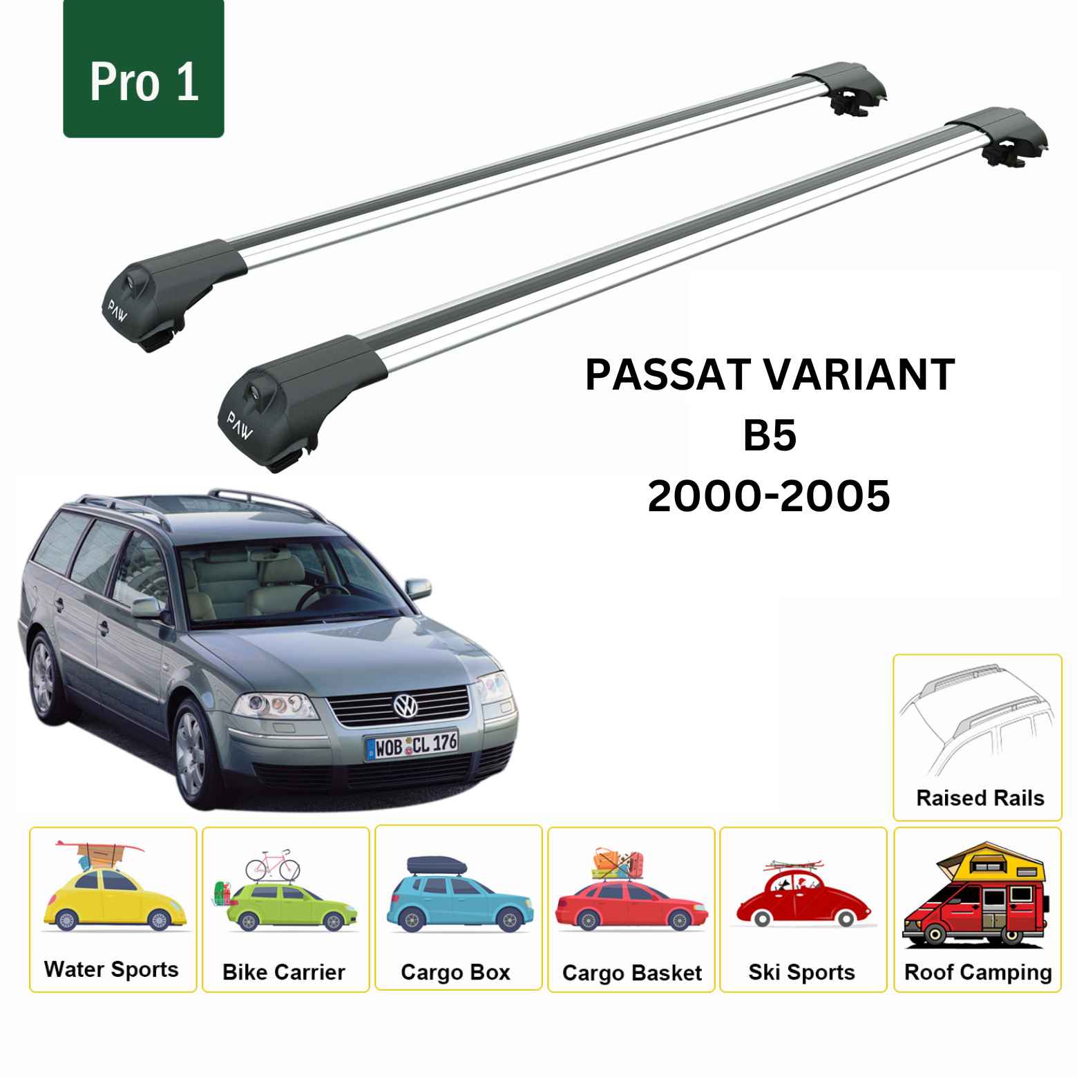 For Volkswagen Passat Variant B5 2000-05 Roof Rack Cross Bar Raised Rail Alu Silver