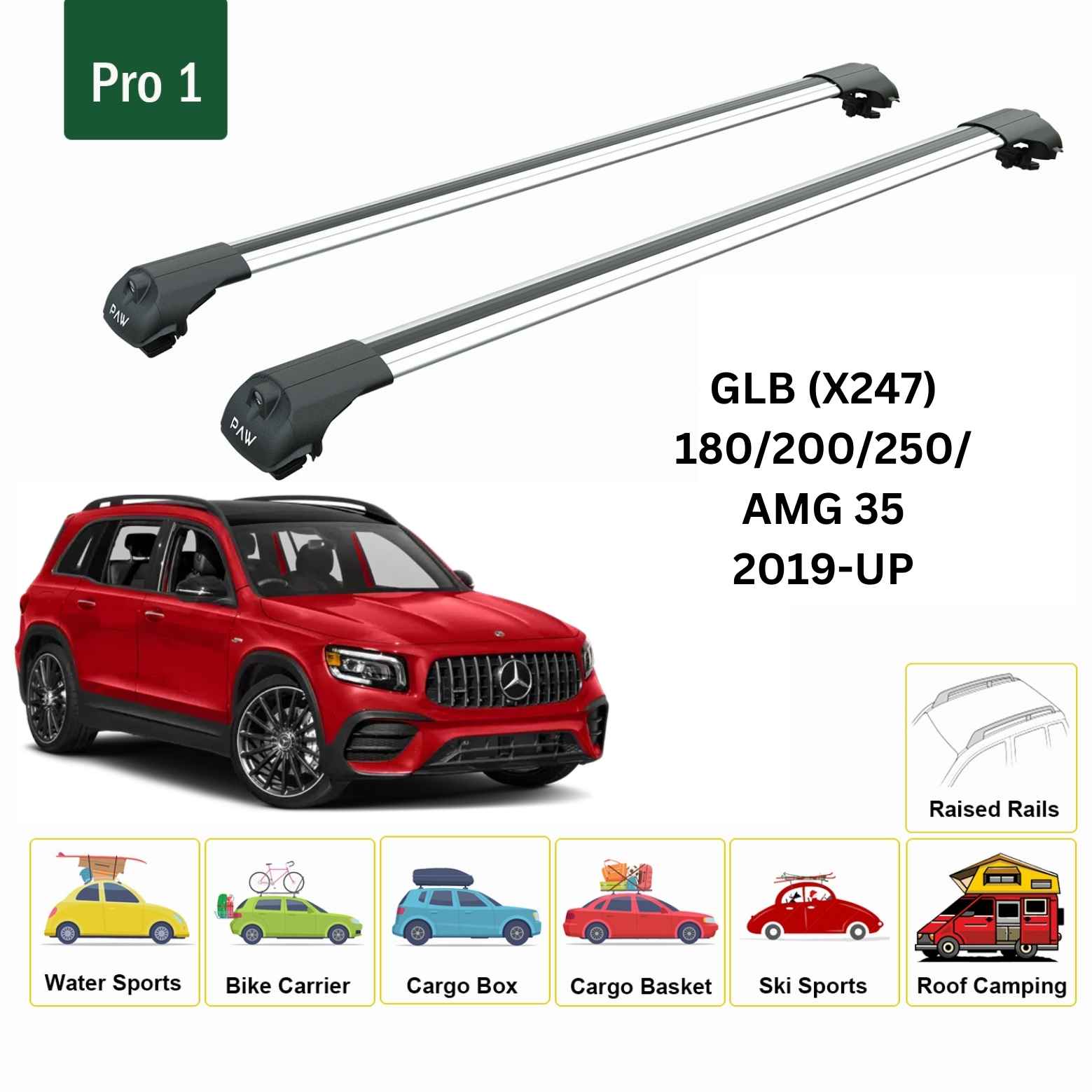 For Mercedes GLB (X247) 2019-Up Roof Rack Cross Bars Raised Rail Alu Silver