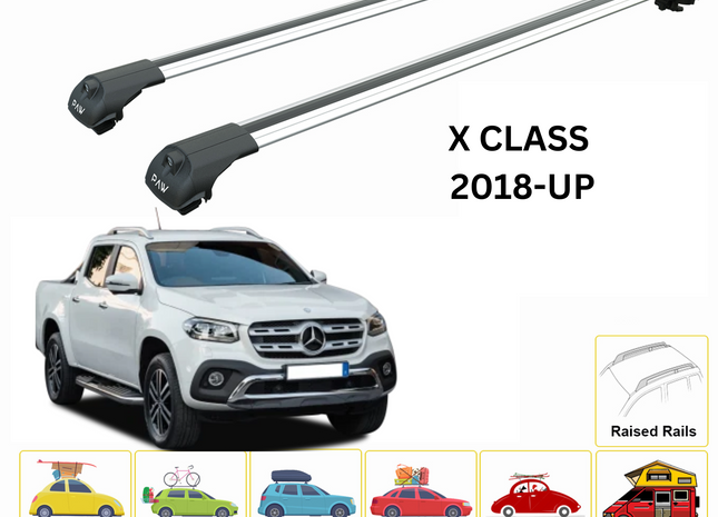 For Mercedes Benz X Double Cab. 2018-Up Roof Rack Cross Bars Metal Bracket Raised Rail Alu Silver