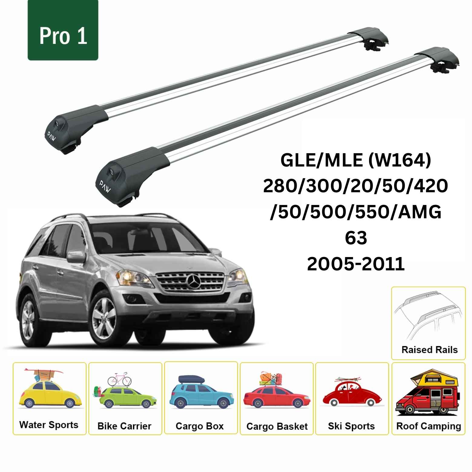 For Mercedes GLE/MLE (W164) 2005-11 Roof Rack Cross Bars Raised Rail Alu Silver