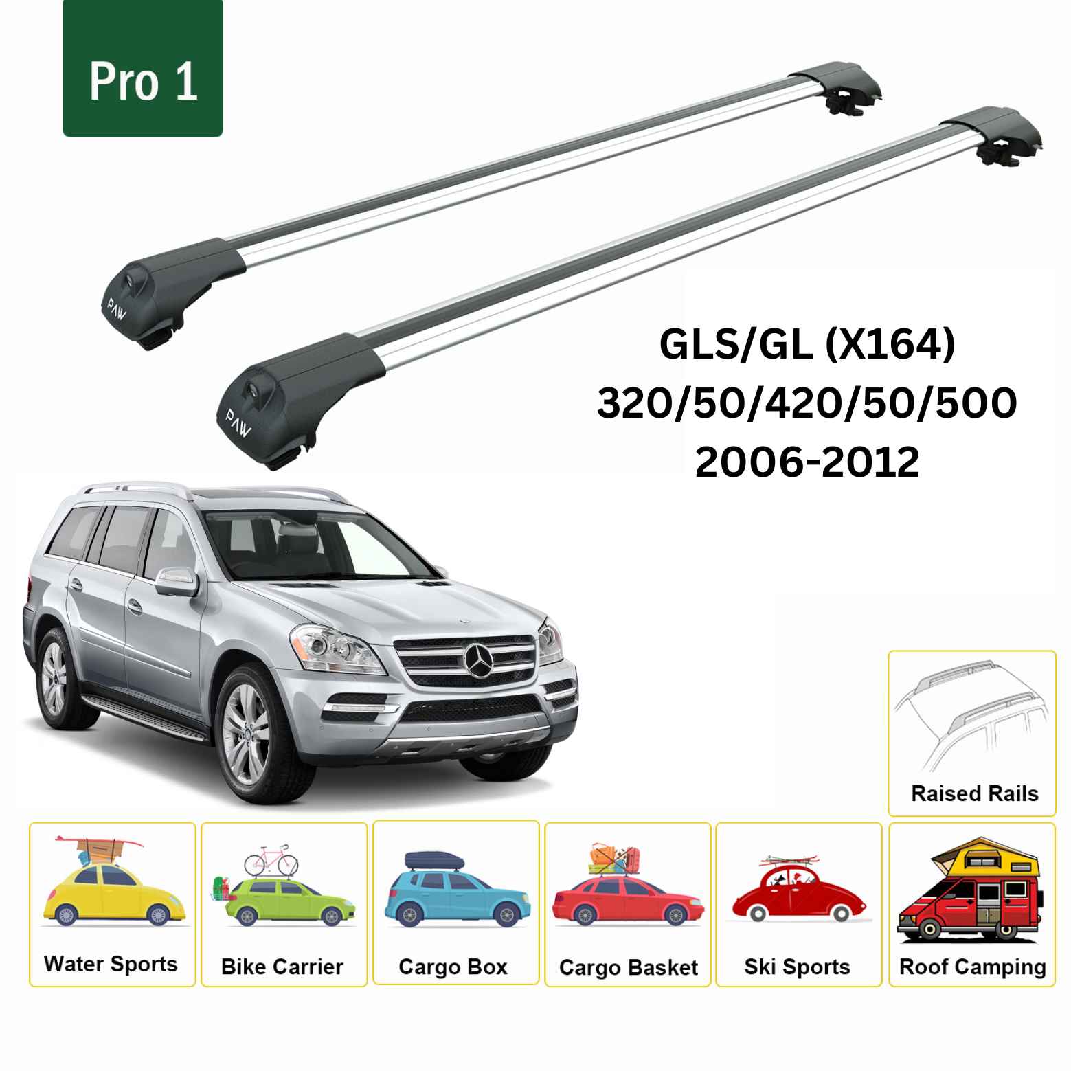 For Mercedes GLS/GL (X164) 2006-12 Roof Rack Cross Bars Raised Rail Alu Silver