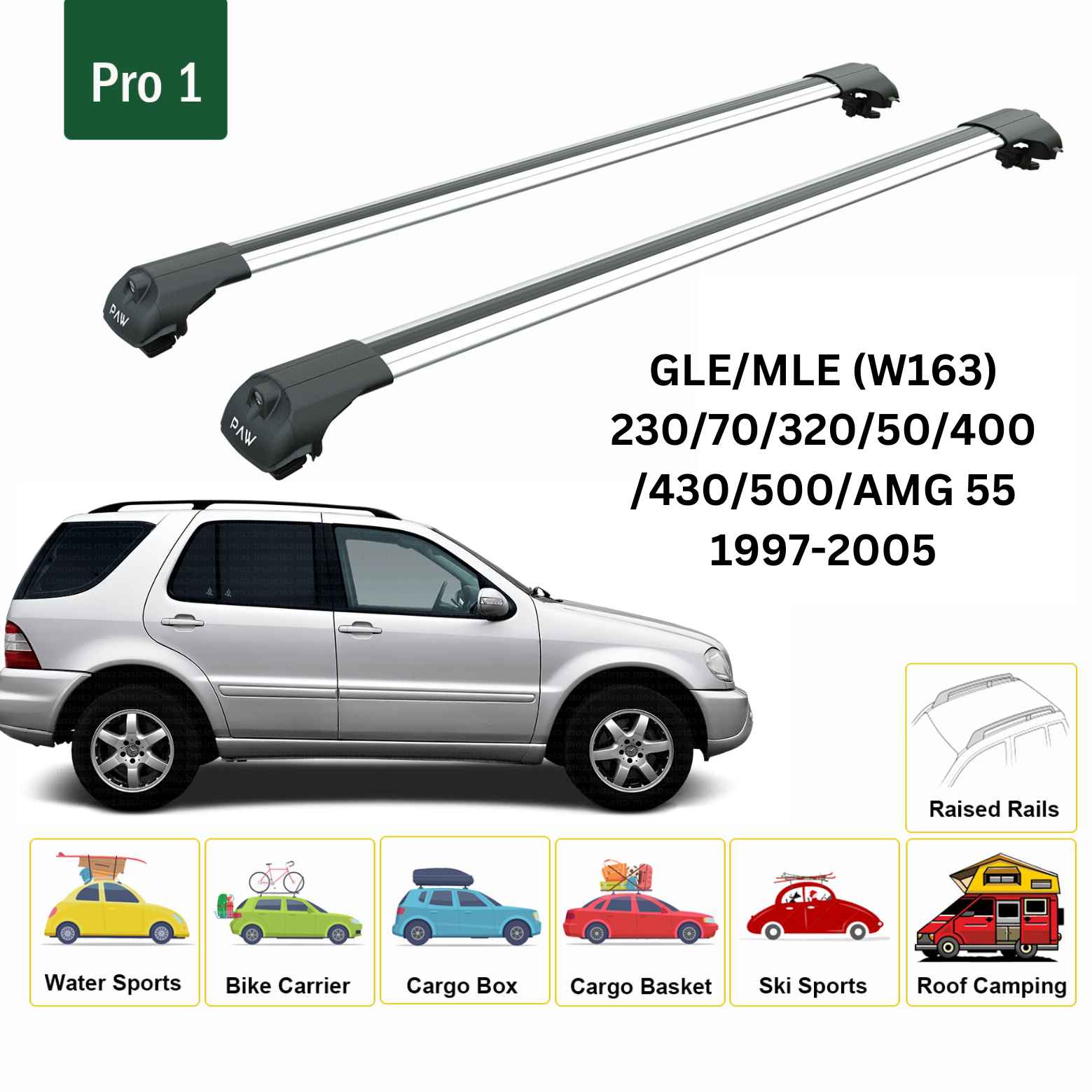 For Mercedes GLE/MLE (W163) 1997-05 Roof Rack Cross Bars Raised Rail Alu Silver