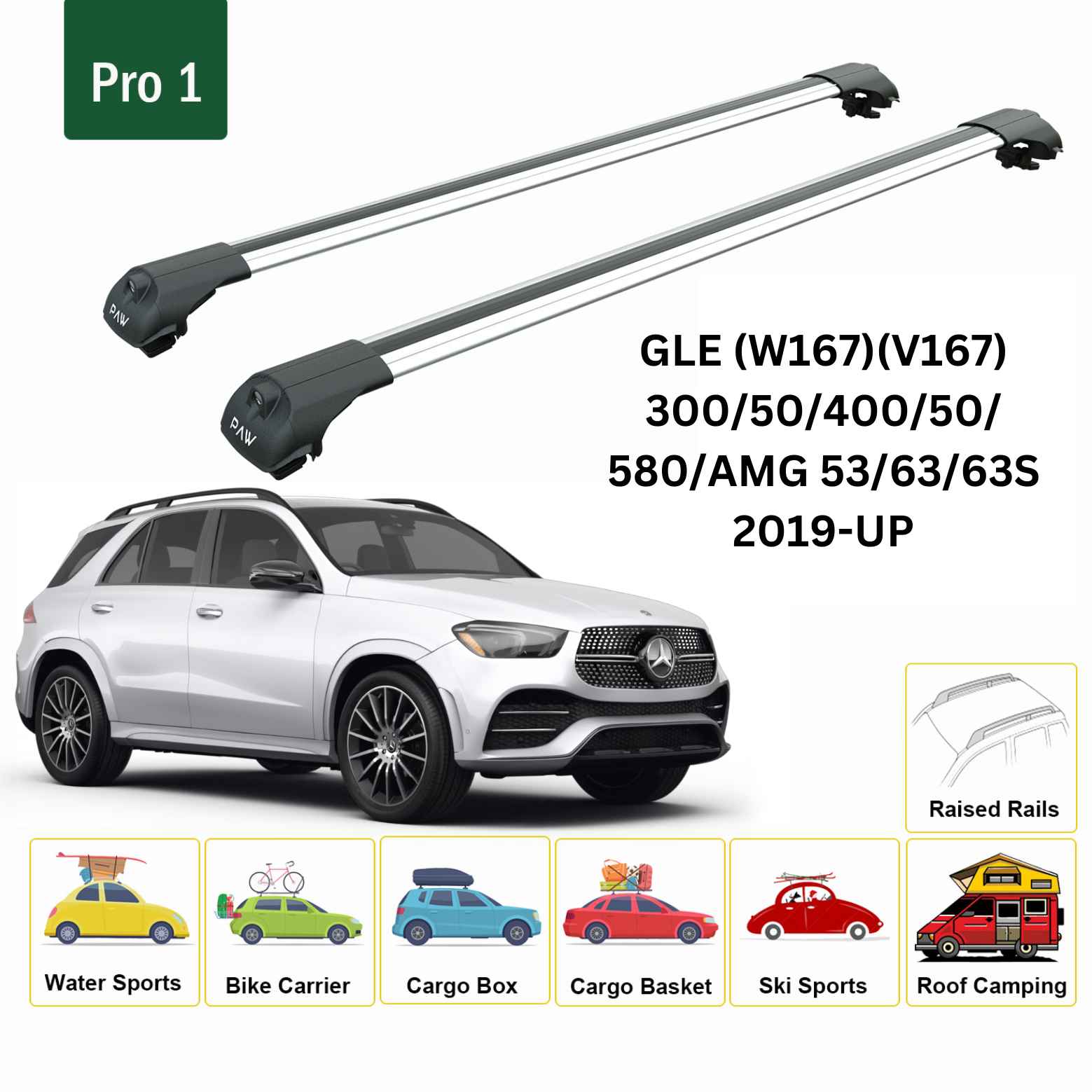 For Mercedes GLE (W167)(V167) 2019-Up Roof Rack Cross Bars Raised Rail Alu Silver