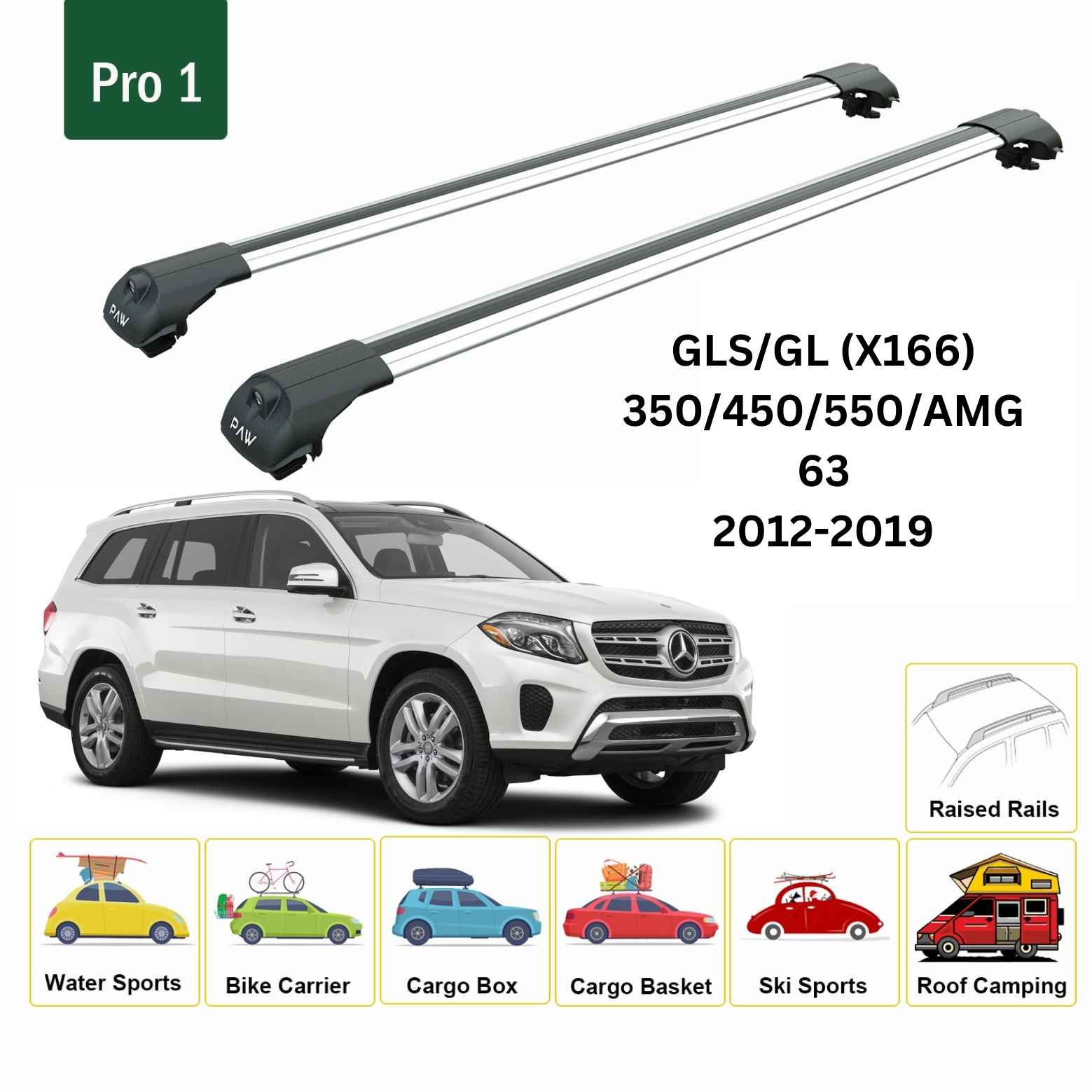 For Mercedes GLS/GL (X166) 2012-19 Roof Rack Cross Bars Raised Rail Alu Silver