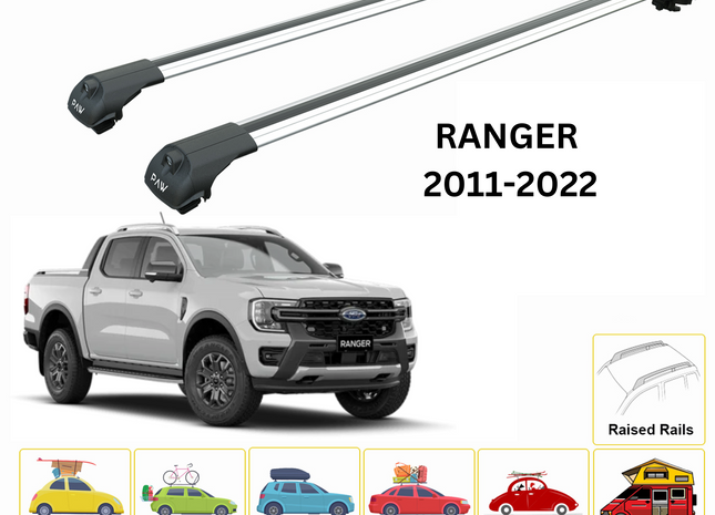 For Ford Ranger 2011-2022 Roof Rack Cross Bars Raised Rail Silver