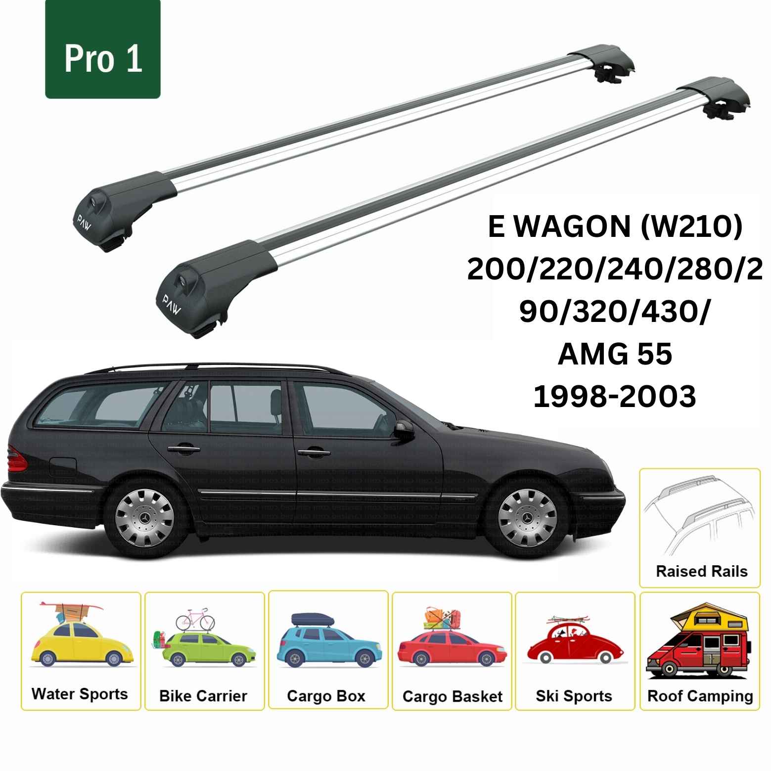 For Mercedes E Wagon S210 1998-2003 Roof Rack Cross Bars Raised Rail Alu Silver