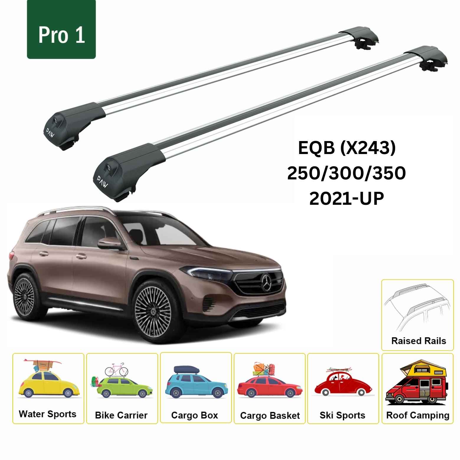 For Mercedes EQB (X243) 2021-Up Roof Rack Cross Bars Raised Rail Alu Silver