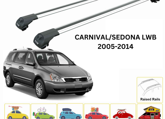 For KIA Carnival/Sedona LWB 2005-14 Roof Rack Cross Bars Raised Rail Alu Silver