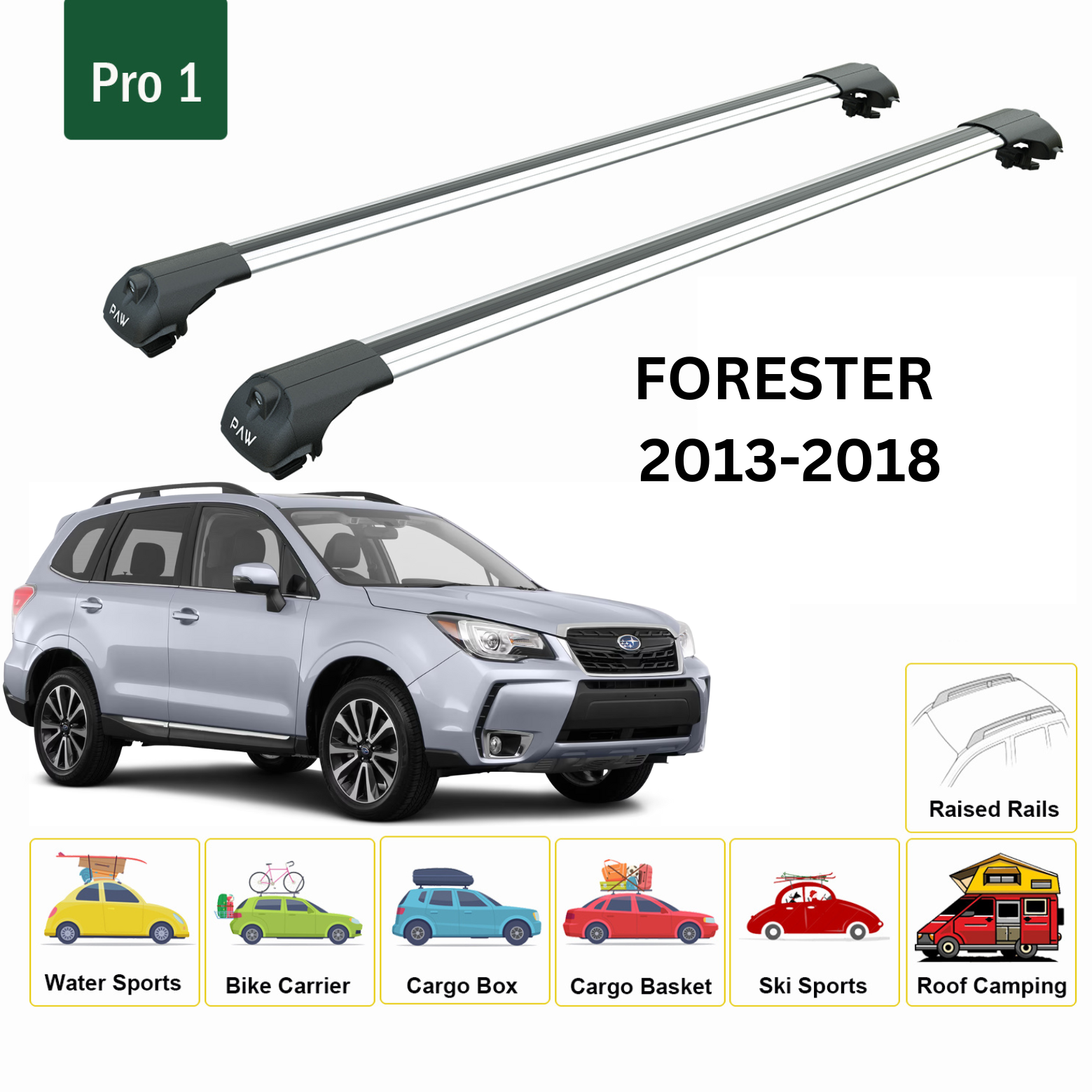 For Subaru Forester 2013-18 Roof Rack Cross Bars Metal Bracket Raised Rail Alu Silver