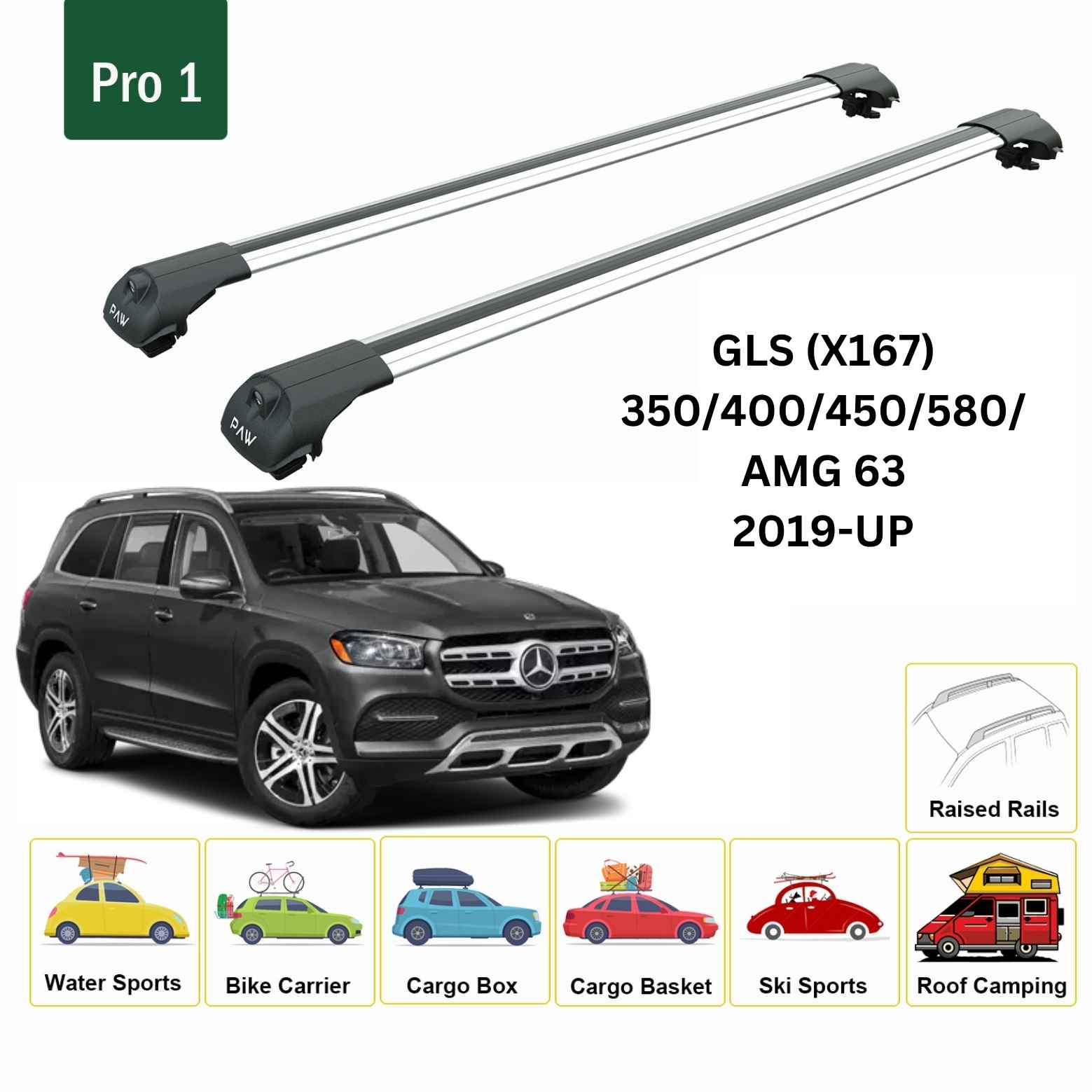 For Mercedes Benz GLS (X167) 2019-Up Roof Rack Cross Bars Raised Rail Alu Silver