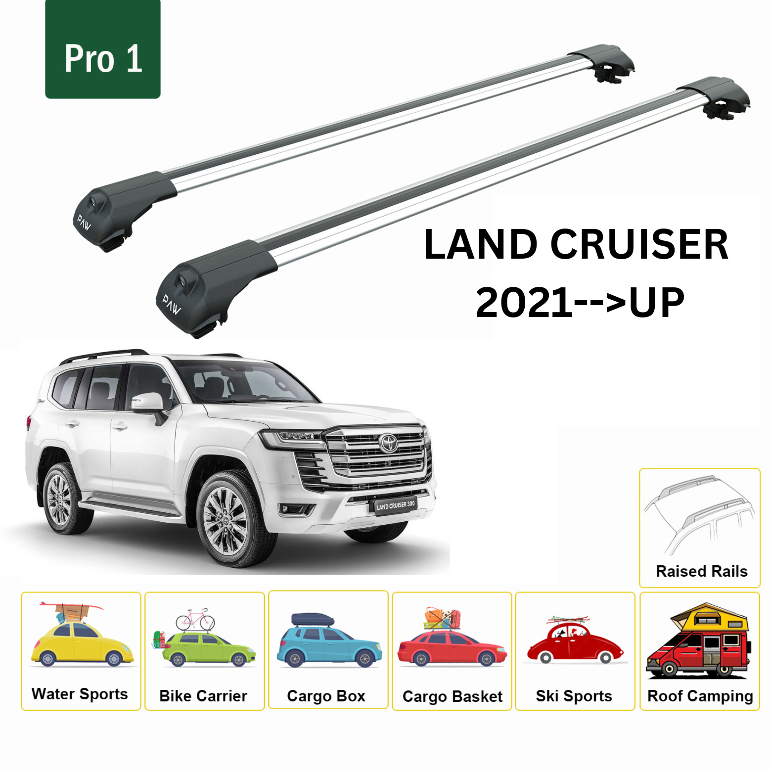 For Toyota Land Cruiser j300 Roof Rack Cross Bars Raised Rail Silver 2021- Up