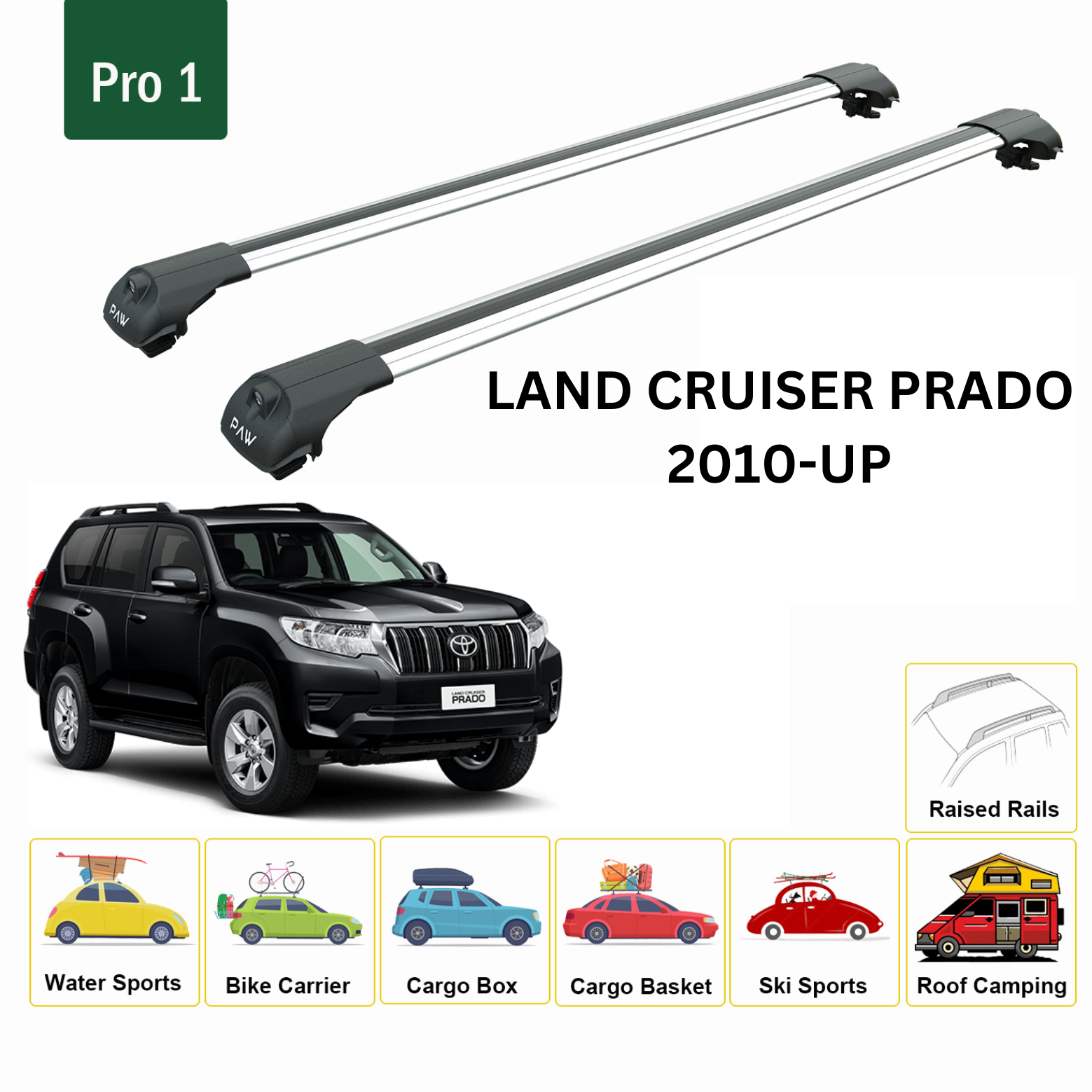 For Toyota Land Cruiser Prado j150 Roof Rack Cross Bars Raised Rail Silver 2009-2022