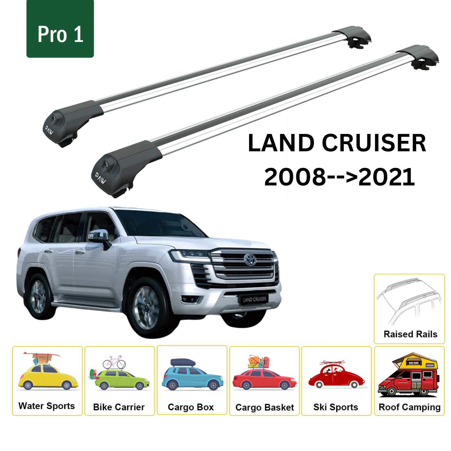 For Toyota Land Cruiser J200 Roof Rack Cross Bars Raised Rail 2008-2021 Silver