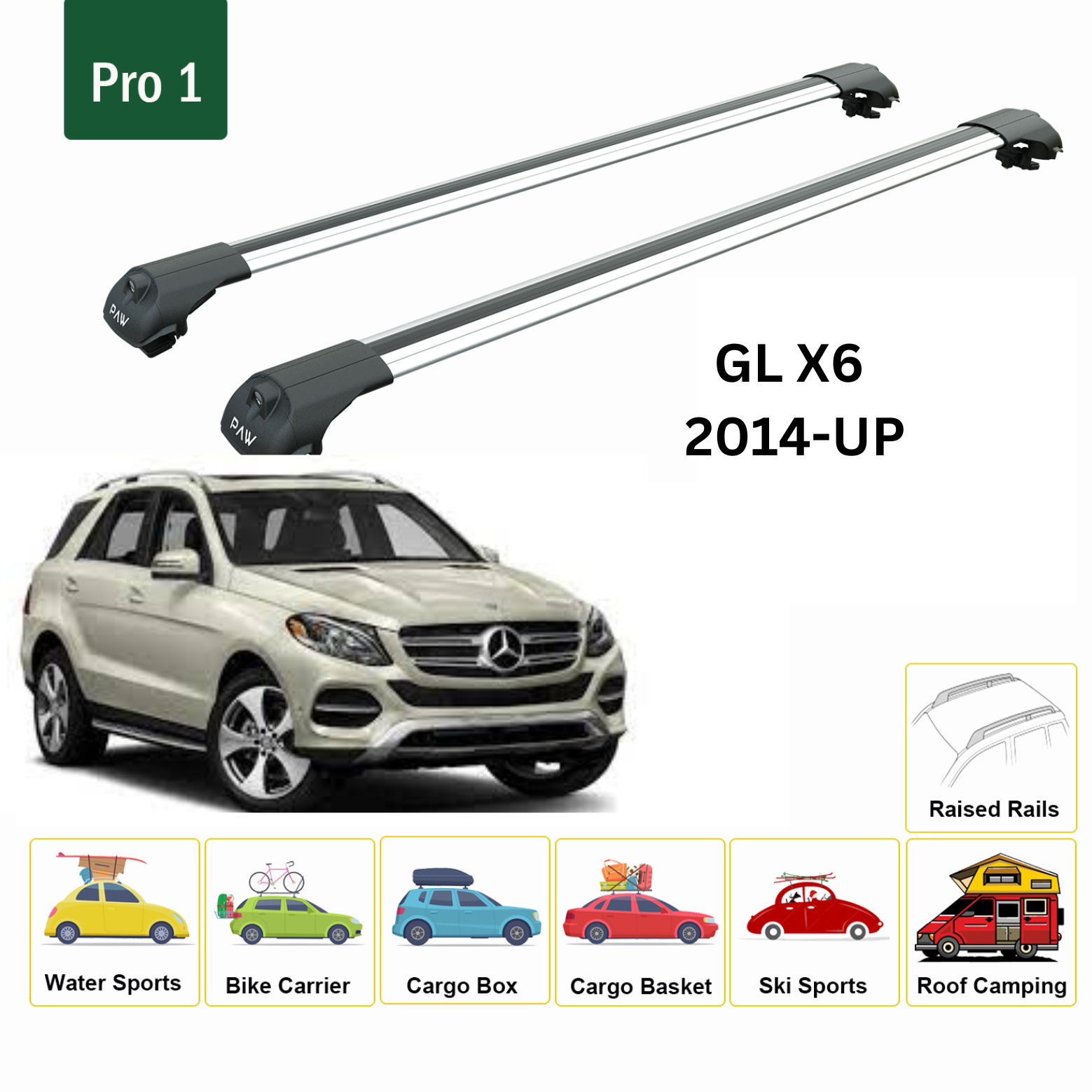 For Mercedes Benz GL X6 2014-Up Roof Rack Cross Bars Metal Bracket Raised Rail Alu Silver