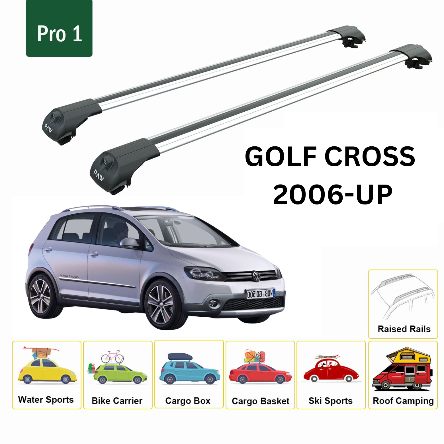 For Volkswagen Golf Cross 2006-2014 Roof Rack Cross Bar Raised Rail Alu Silver