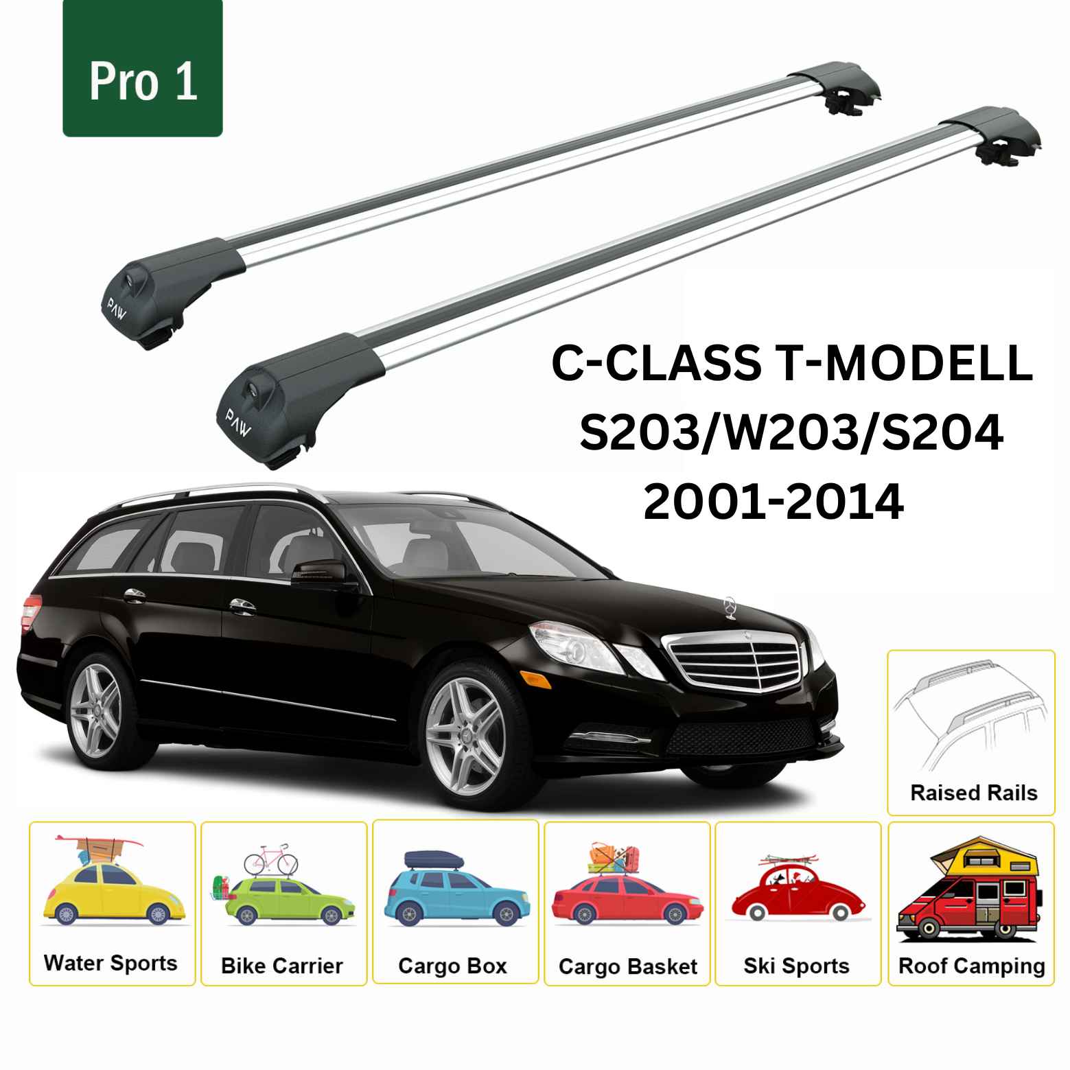 For Mercedes Benz C T-Modell S203/04/W203 2001-14 Roof Rack Cross Bars Raised Rail Alu Silver - 0