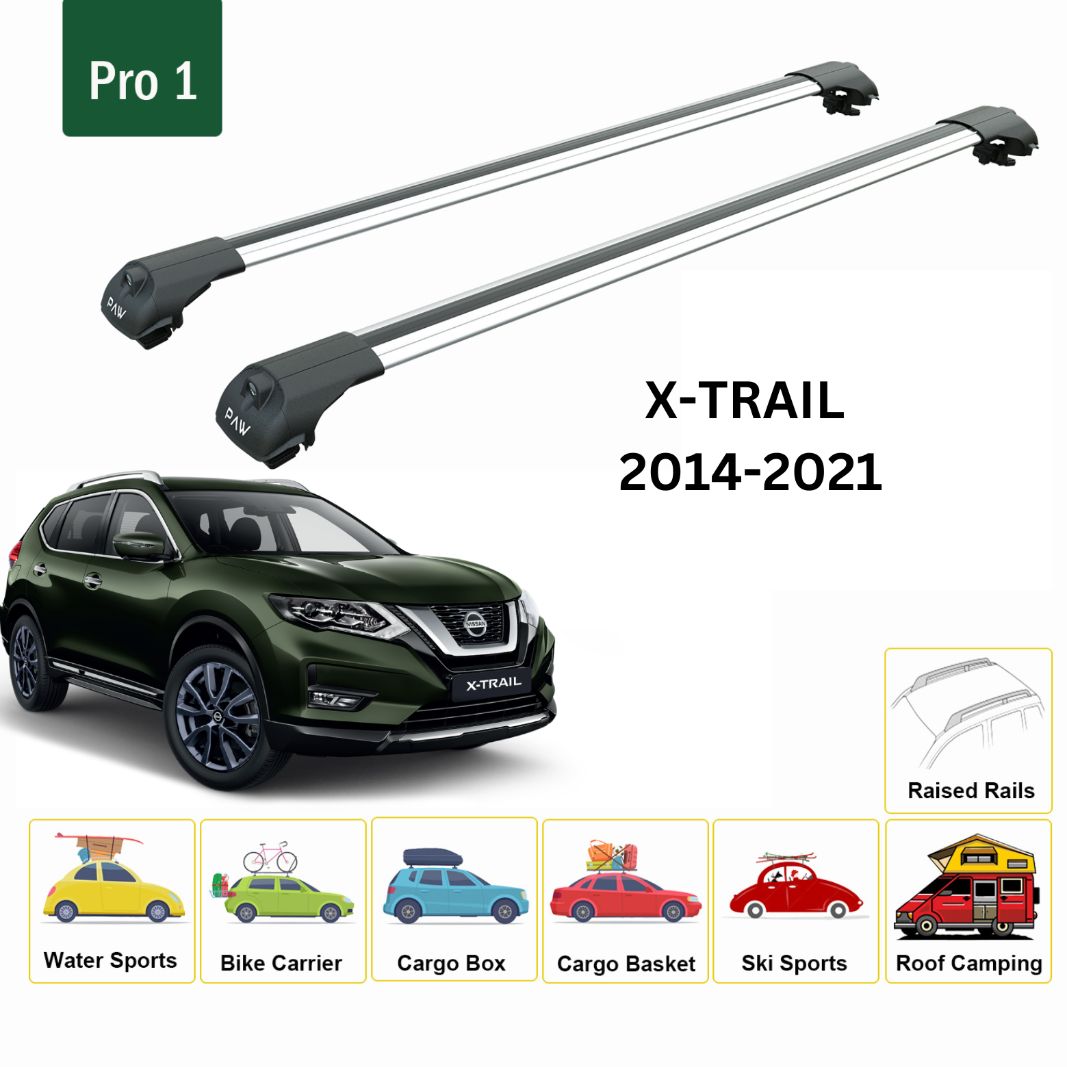 For Nissan X-Trail T32 Roof Rack Cross Bar Metal Bracket Raised Rail Alu Silver 2014-21