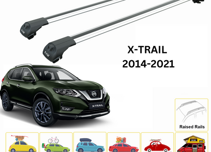 For Nissan X-Trail T32 Roof Rack Cross Bar Metal Bracket Raised Rail Alu Silver 2014-21