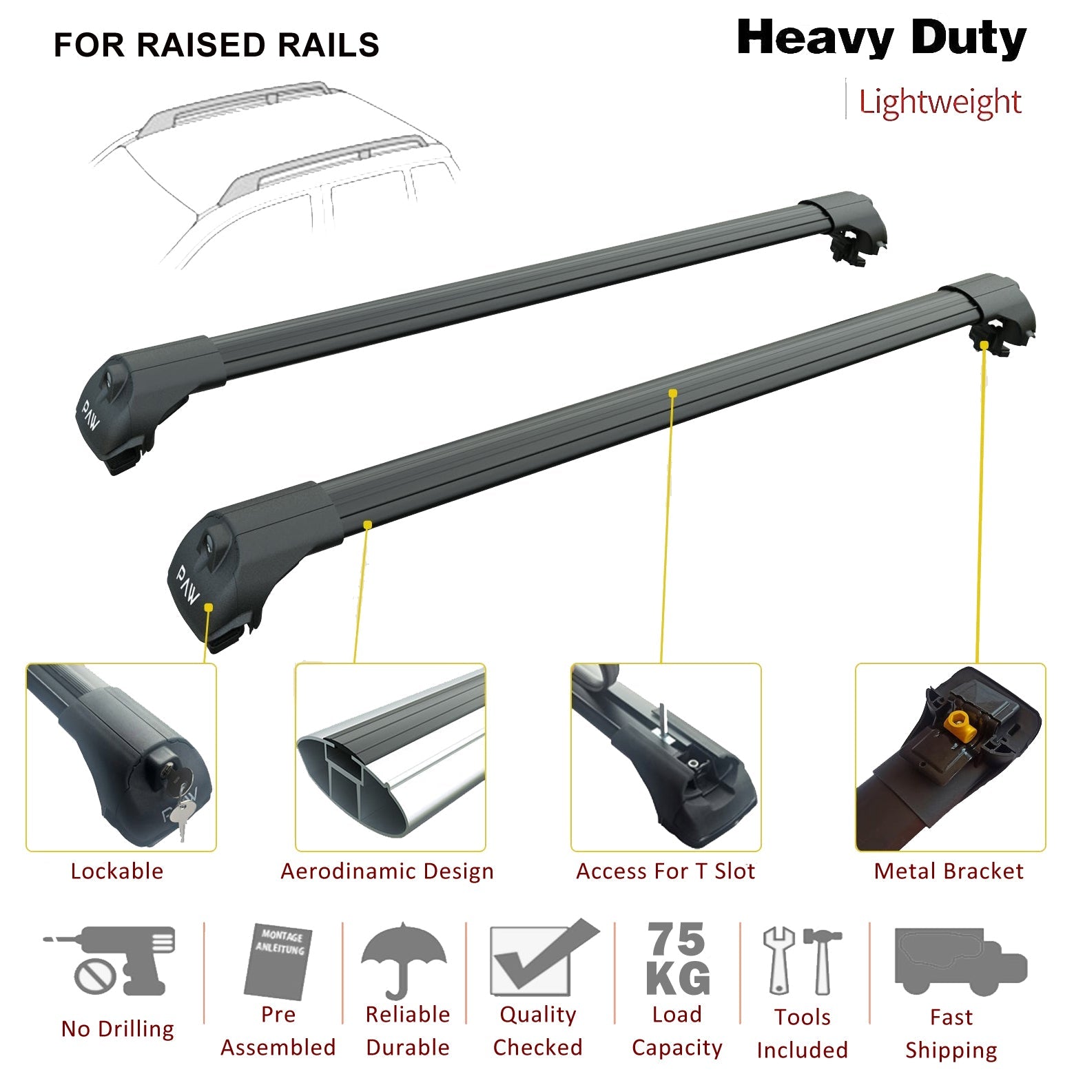 For Toyota Rav4 Adventure Roof Rack Cross Bars Metal Bracket Raised Rail Alu Black 2019-Up