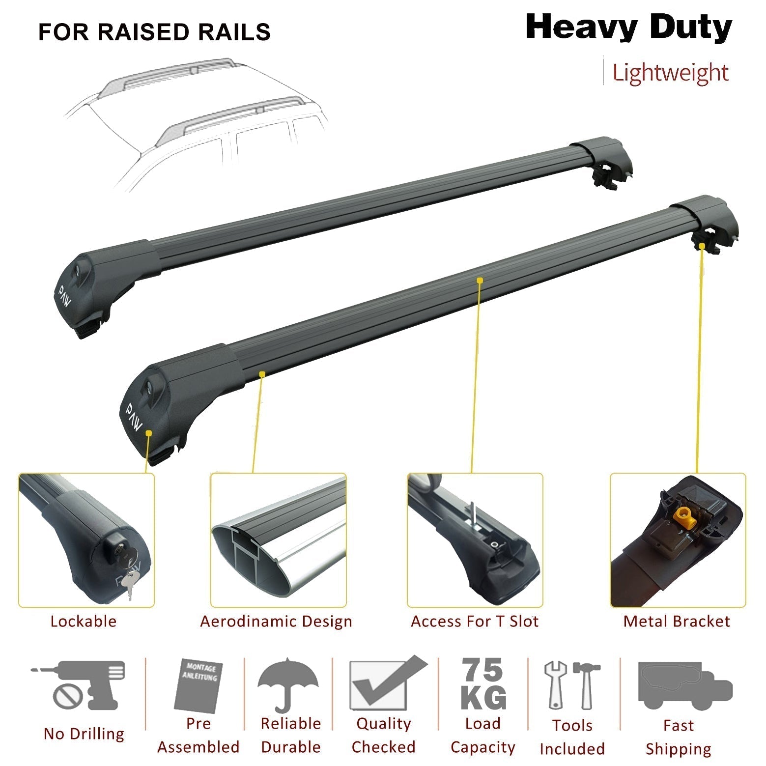 For Volkswagen Golf Sportsvan (MK6/MK7) 2014-Up Roof Rack Cross Bar Raised Rail Alu Black