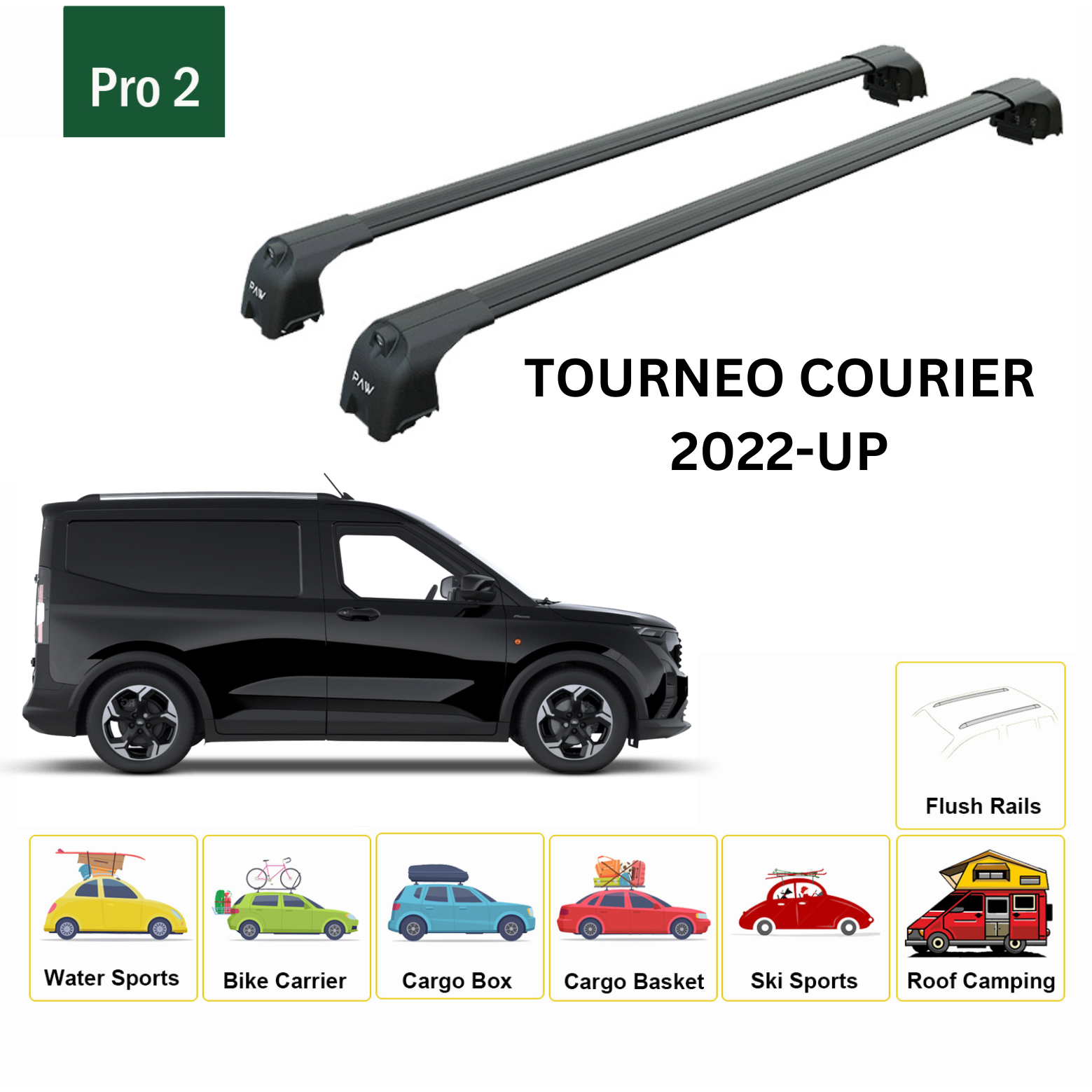 For Ford Tourneo Courier 2022-Up Roof Rack Cross Bars Raised Rail Alu Black