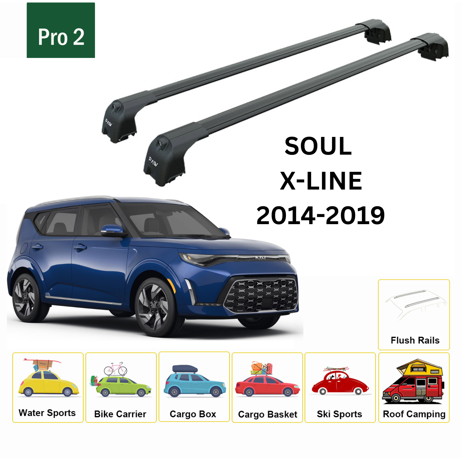 For Kia Soul Roof Rack Cross Bars Flush Rail Alu Black 2020-Up