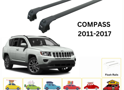For Jeep Compass 2011-17 Roof Rack Cross Bars Flush Rail Alu Black