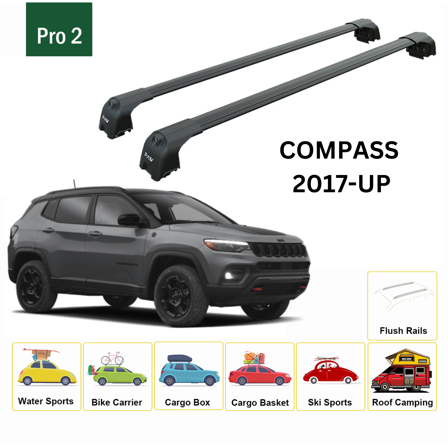 For Jeep Compass 2017-Up Roof Rack Cross Bars Flush Rail Alu Black