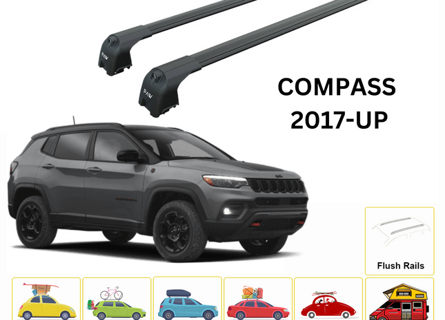 For Jeep Compass 2017-Up Roof Rack Cross Bars Flush Rail Alu Black