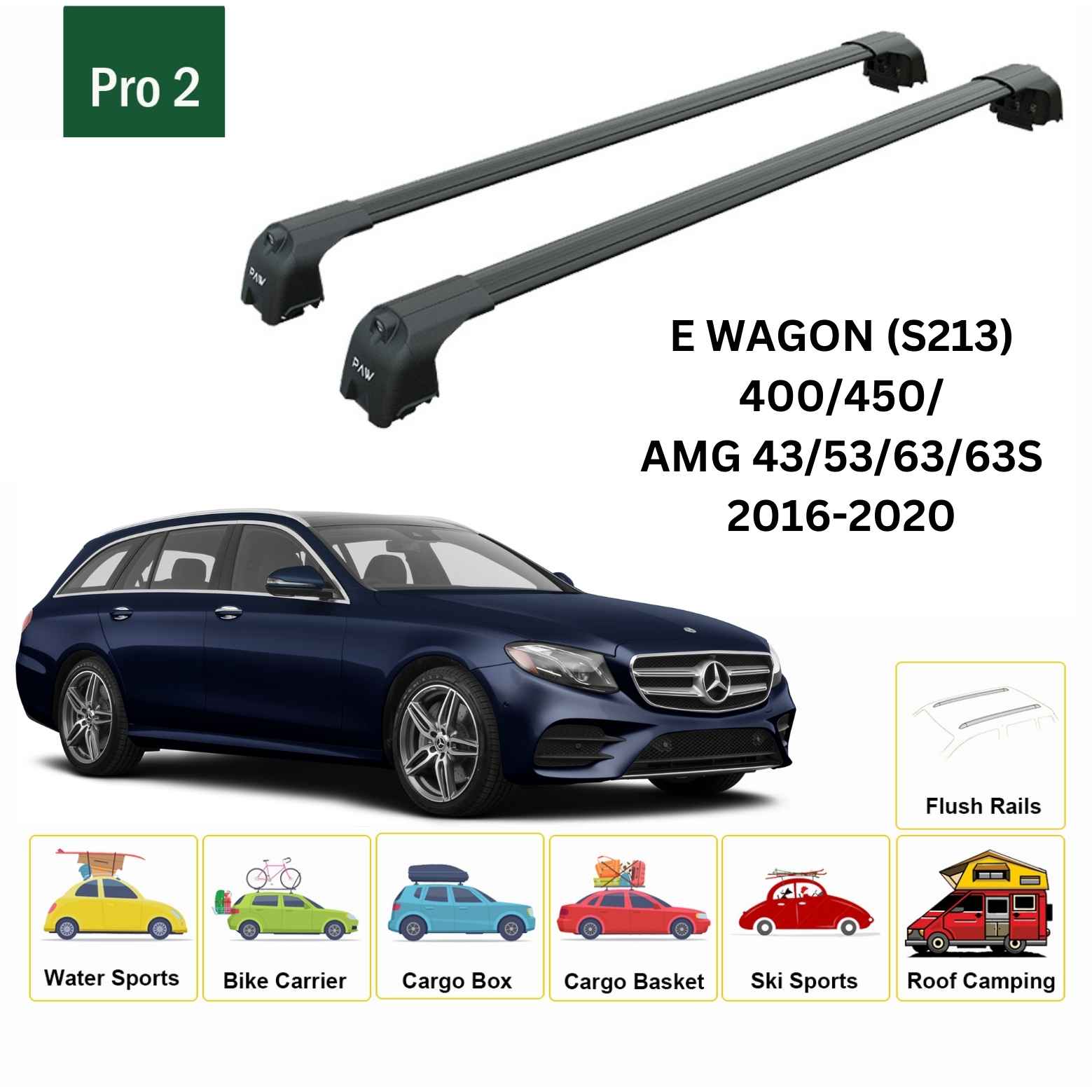 For Mercedes E Wagon S213 2016-2020 Roof Rack Cross Bars Flush Rail Alu Black