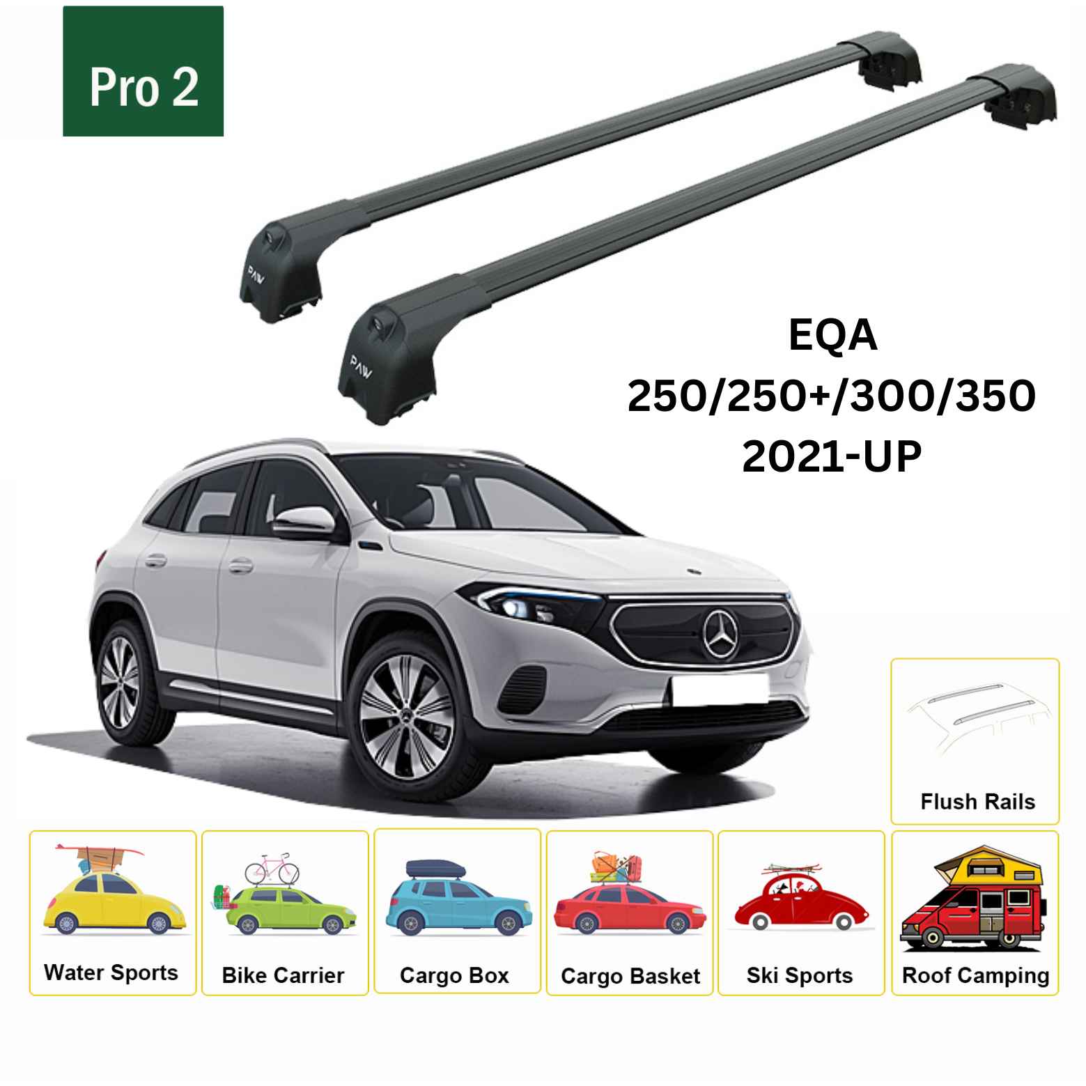 For Mercedes Benz EQA SUV 2021-Up Roof Rack Cross Bars Flush Rail Alu Black