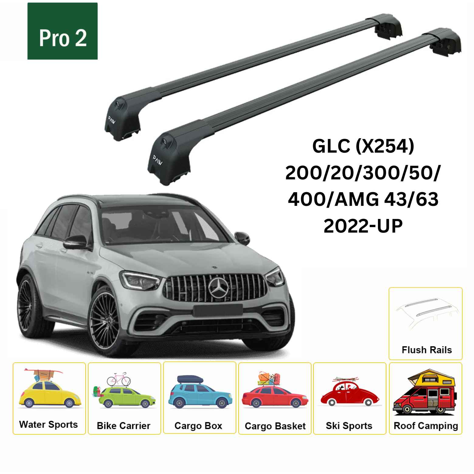 For Mercedes GLC (X254) 2022-Up Roof Rack Cross Bars Flush Rail Alu Black