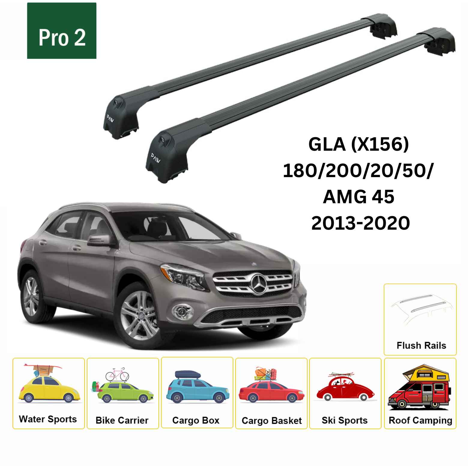 For Mercedes GLA (X156) 2013-20 Roof Rack Cross Bars Flush Rail Alu Black