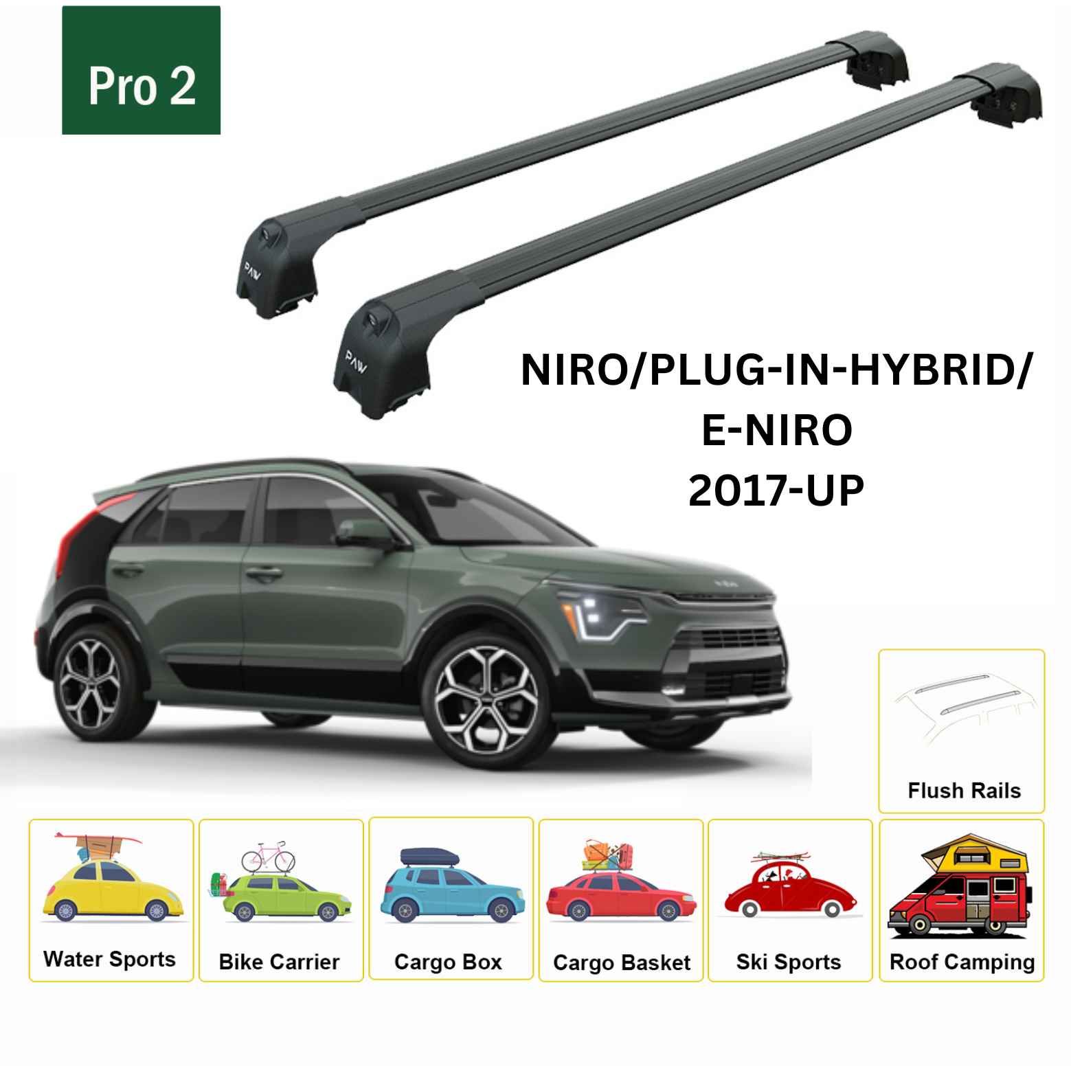 For Kia Niro 2017-Up Roof Rack Cross Bars Flush Rail Alu Black