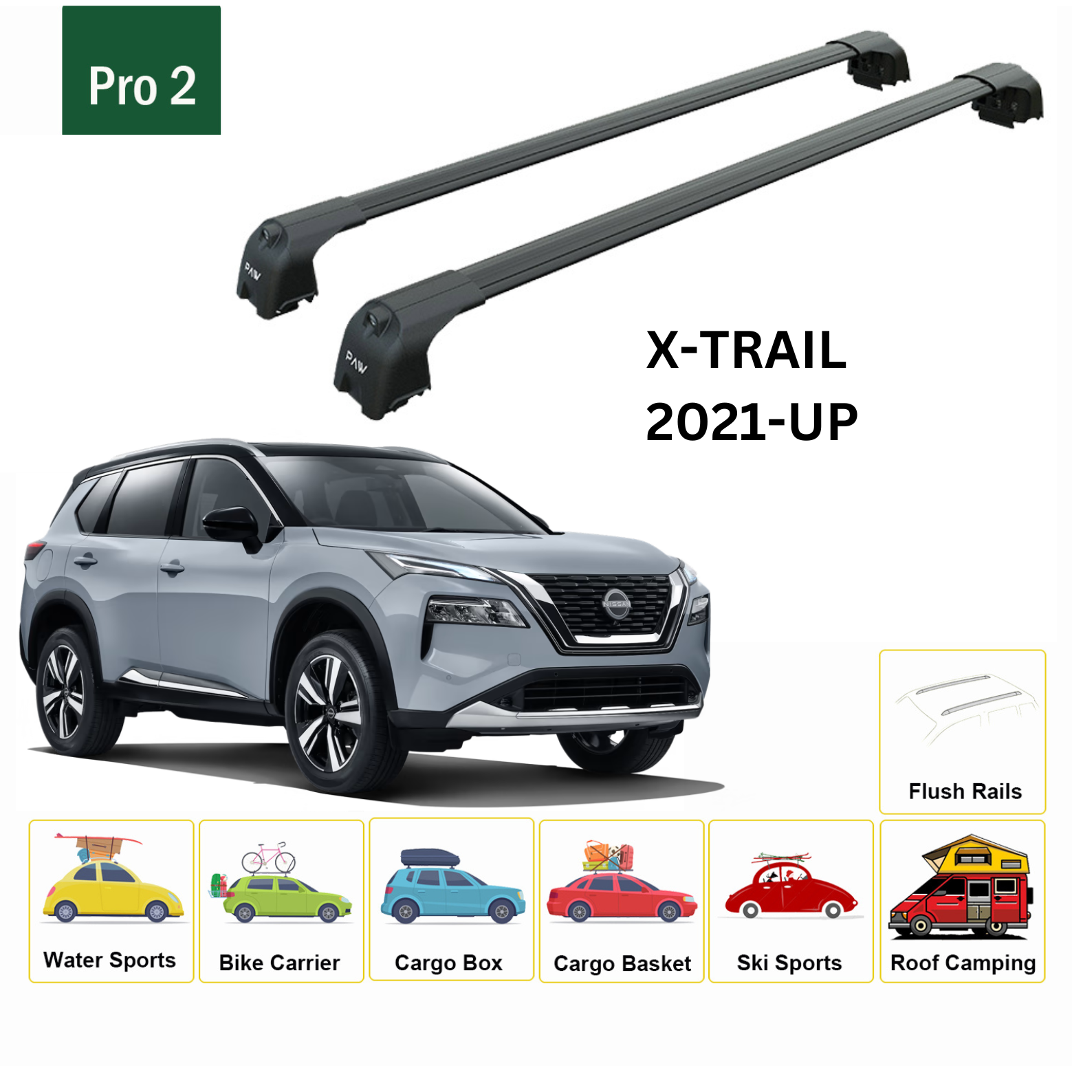 For Nissan X-Trail T33 Roof Rack Cross Bars Metal Bracket Flush Rail Alu Black 2021-Up - 0