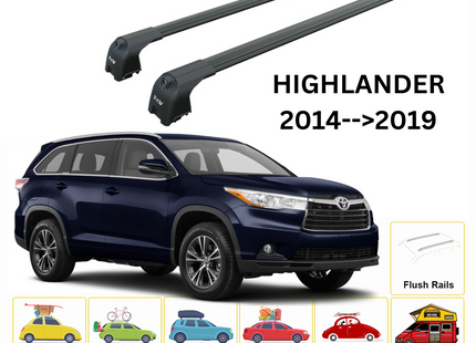 For Toyota Highlander 2014-19 Roof Rack Cross Bars Metal Bracket Flush Rail Alu  Black