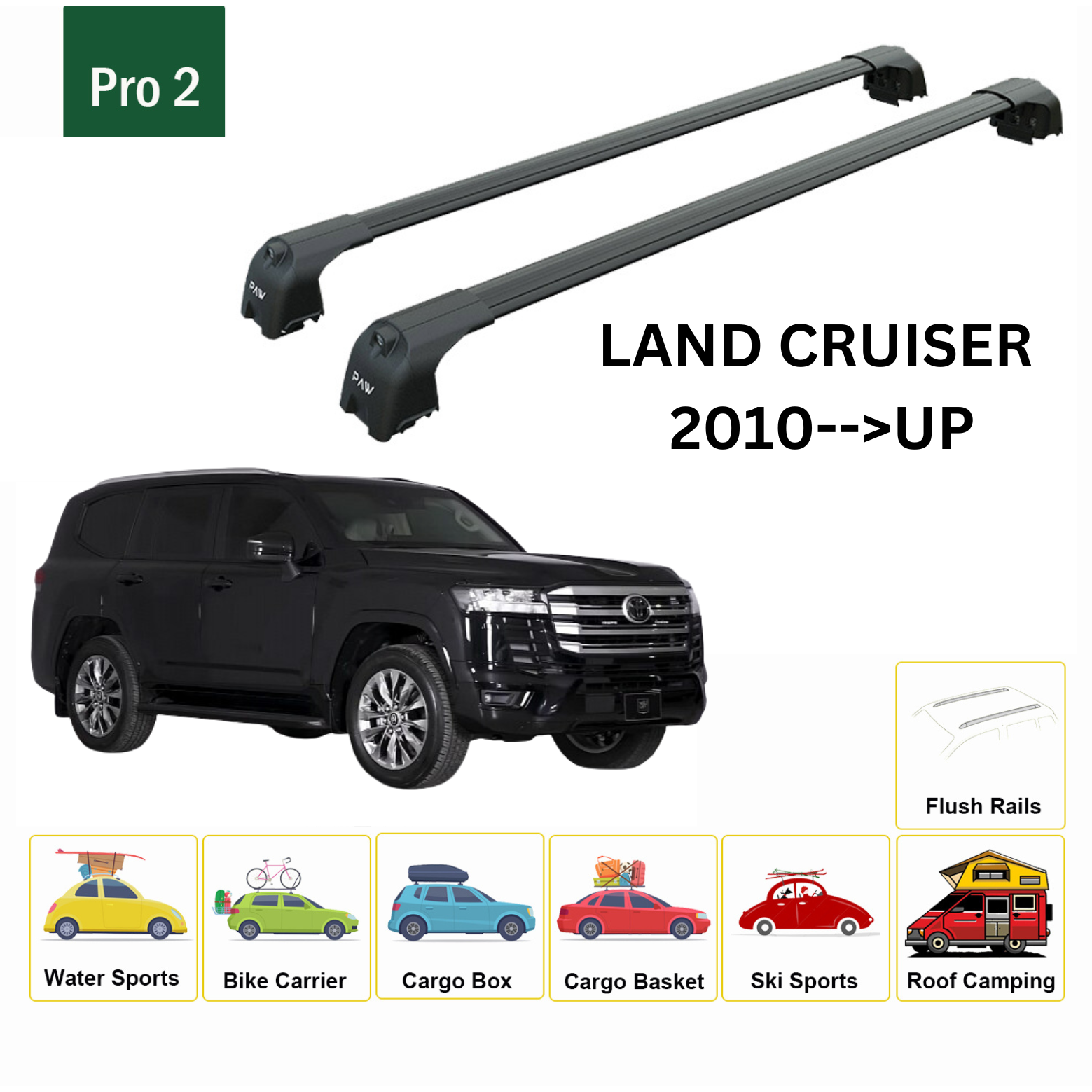 For Toyota Land Cruiser 2010- Up Roof Rack Cross Bar Metal Bracket Flush Rail Alu Black